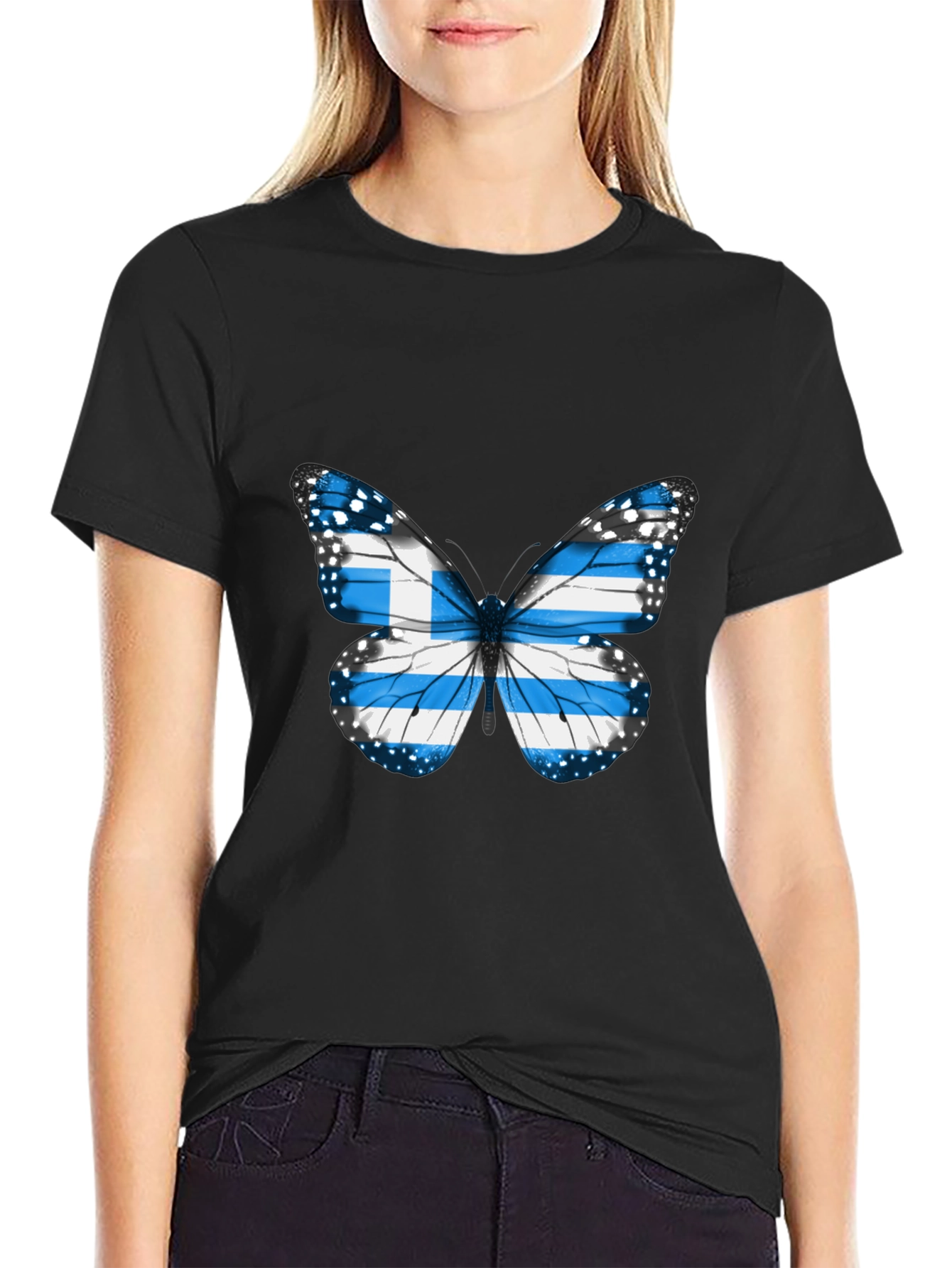 Greece Flag Butterfly Black T-Shirt