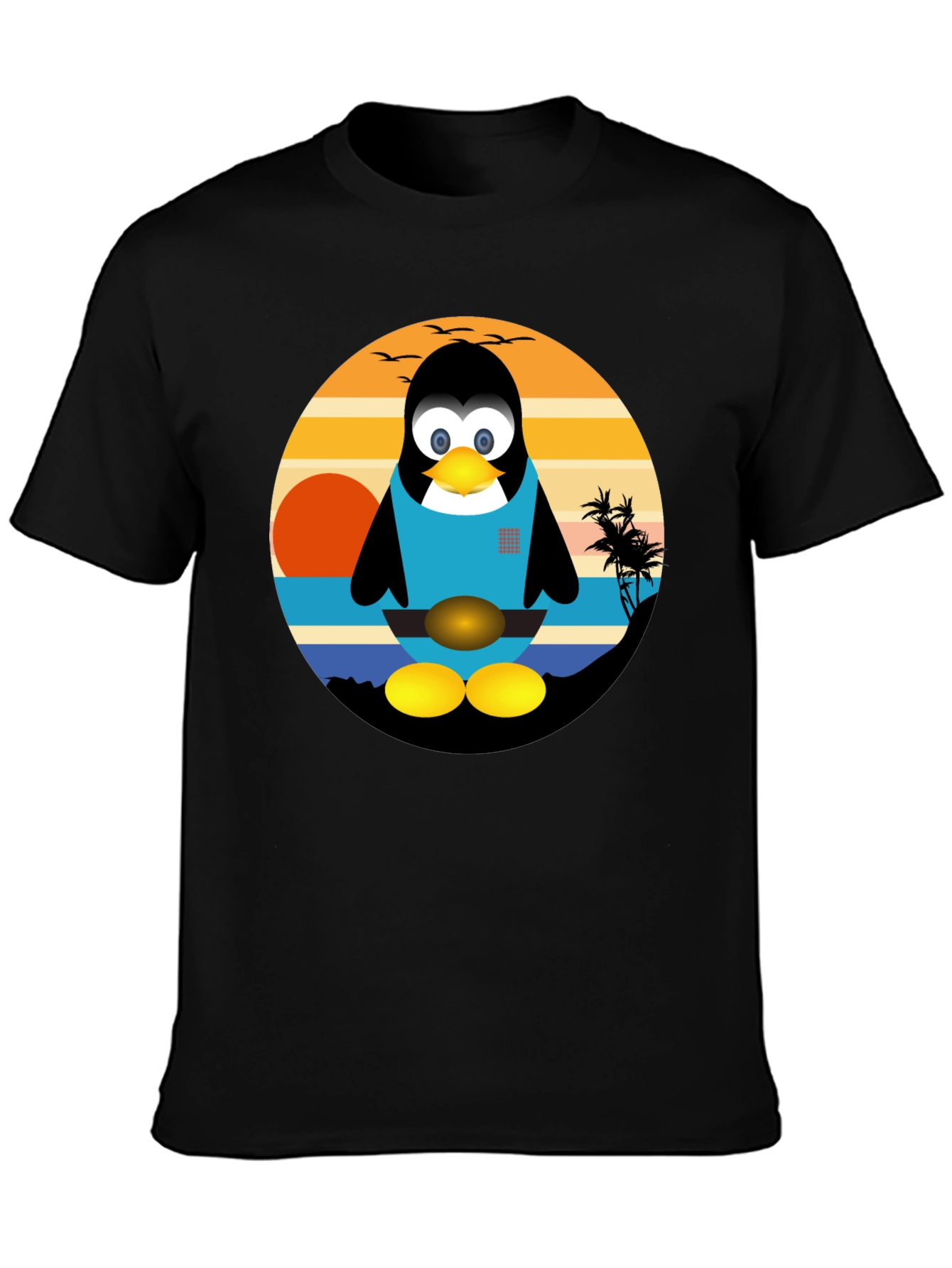Penguin Beach Graphic Tee - Black Cotton T-Shirt