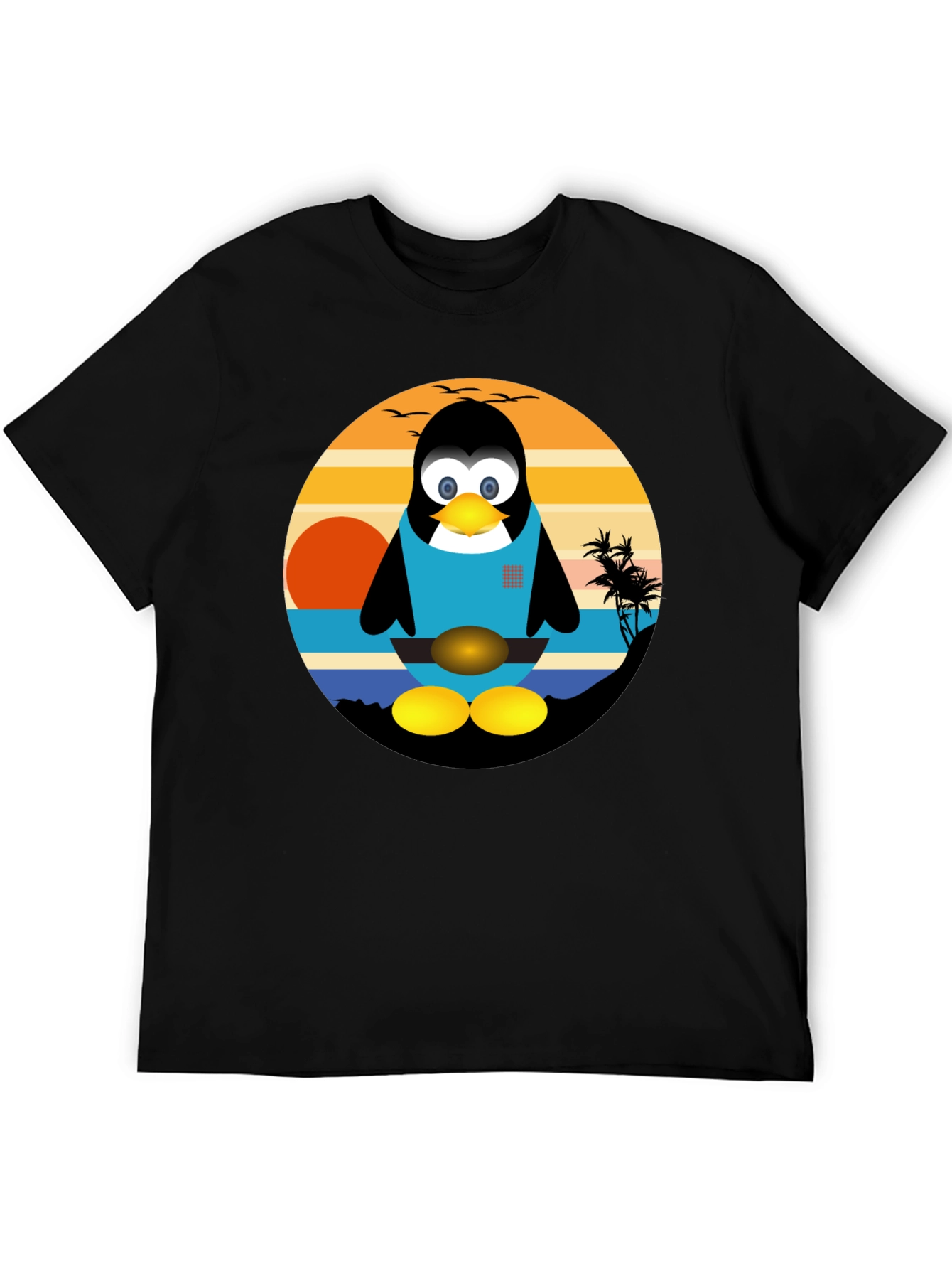 Penguin Beach Graphic Tee - Black Cotton T-Shirt