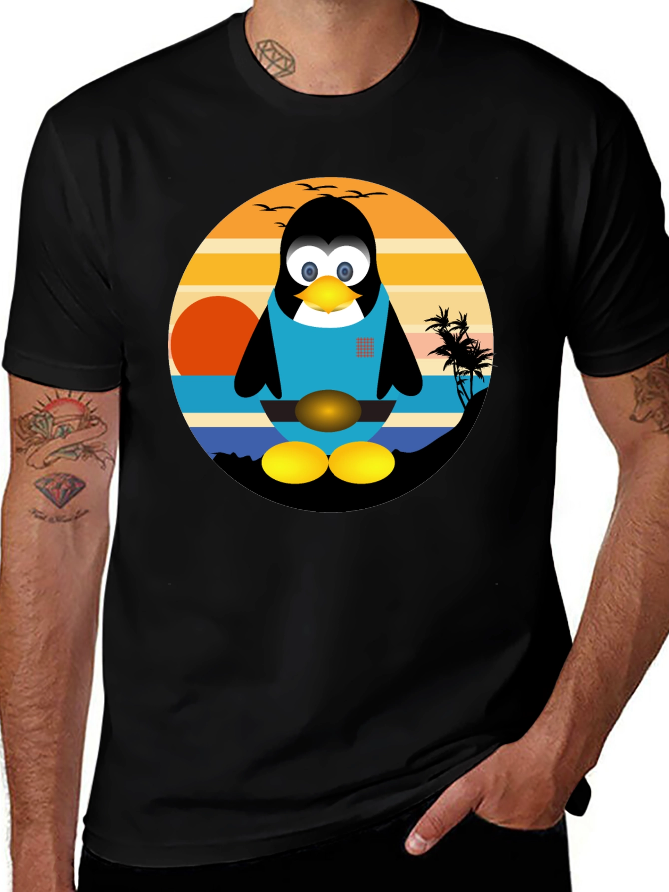 Penguin Beach Graphic Tee - Black Cotton T-Shirt
