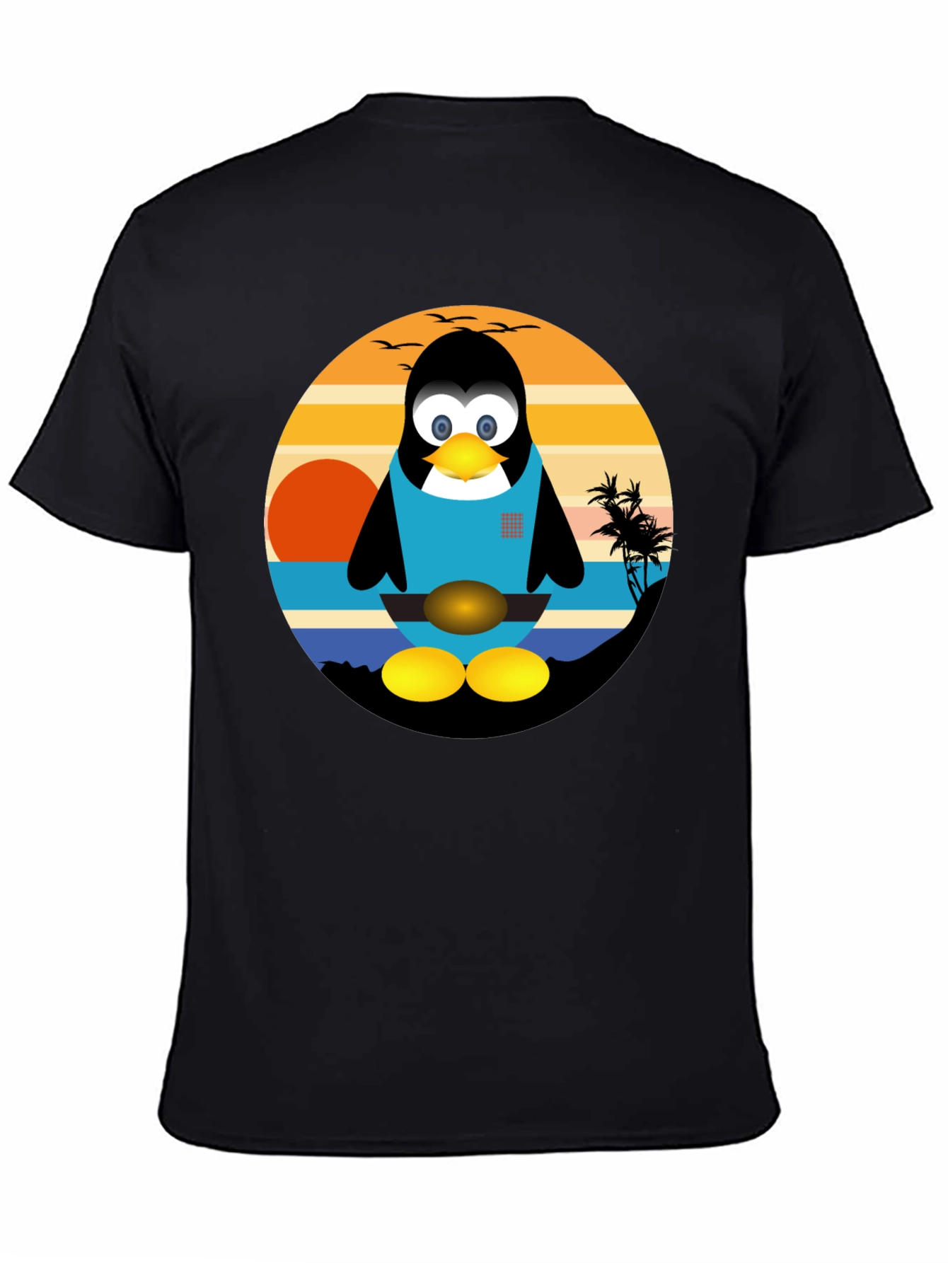 Penguin Beach Graphic Tee - Black Cotton T-Shirt