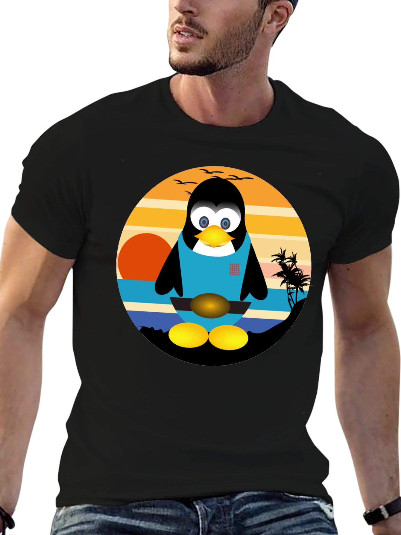Penguin Beach Graphic Tee - Black Cotton T-Shirt