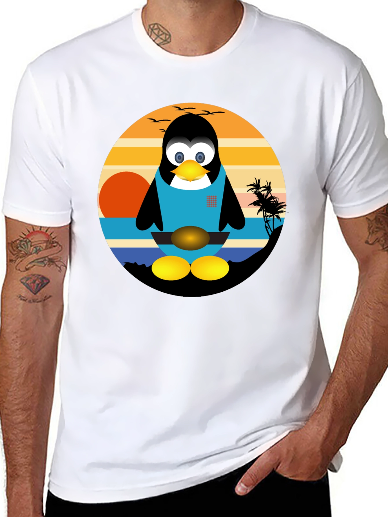 Penguin Beach Graphic Tee - Black Cotton T-Shirt