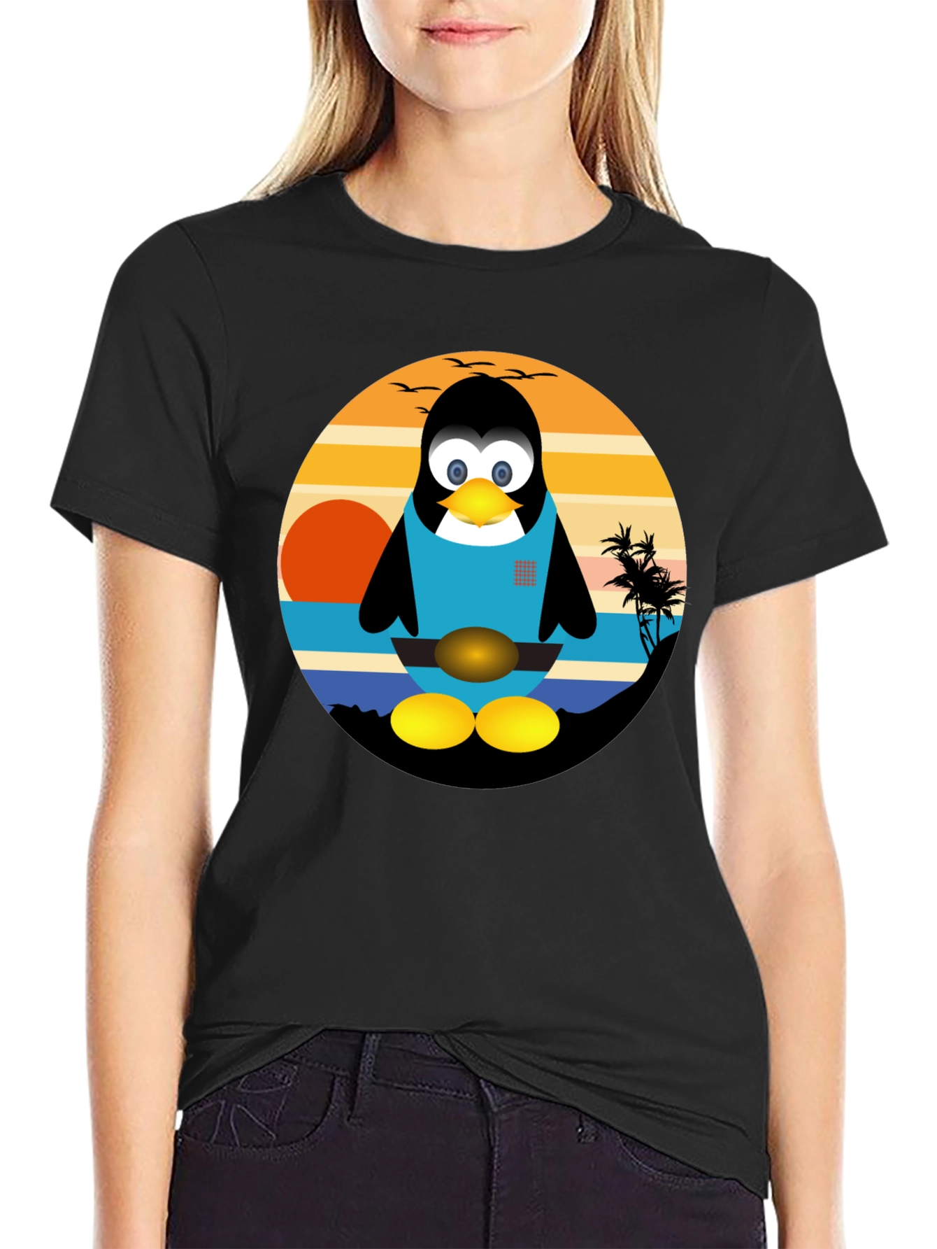 Penguin Beach Graphic Tee - Black Cotton T-Shirt
