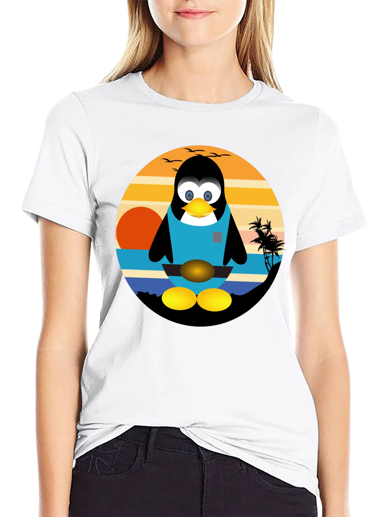 Penguin Beach Graphic Tee - Black Cotton T-Shirt