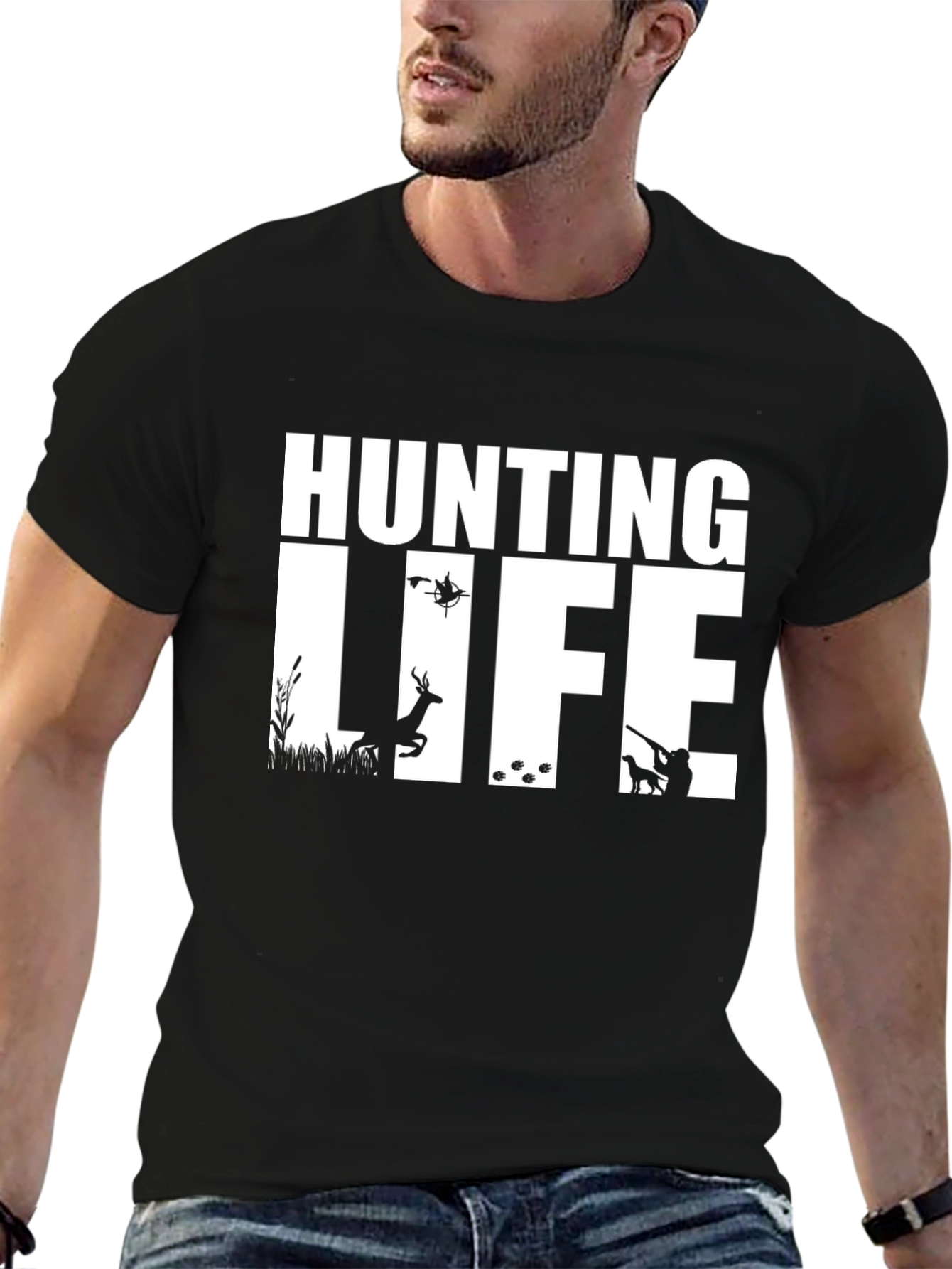 Hunting Life Graphic Tee - Black Cotton T-Shirt