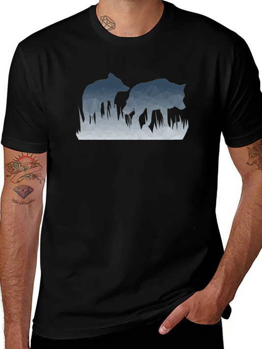 Geometric Wolves Graphic Black T-Shirt