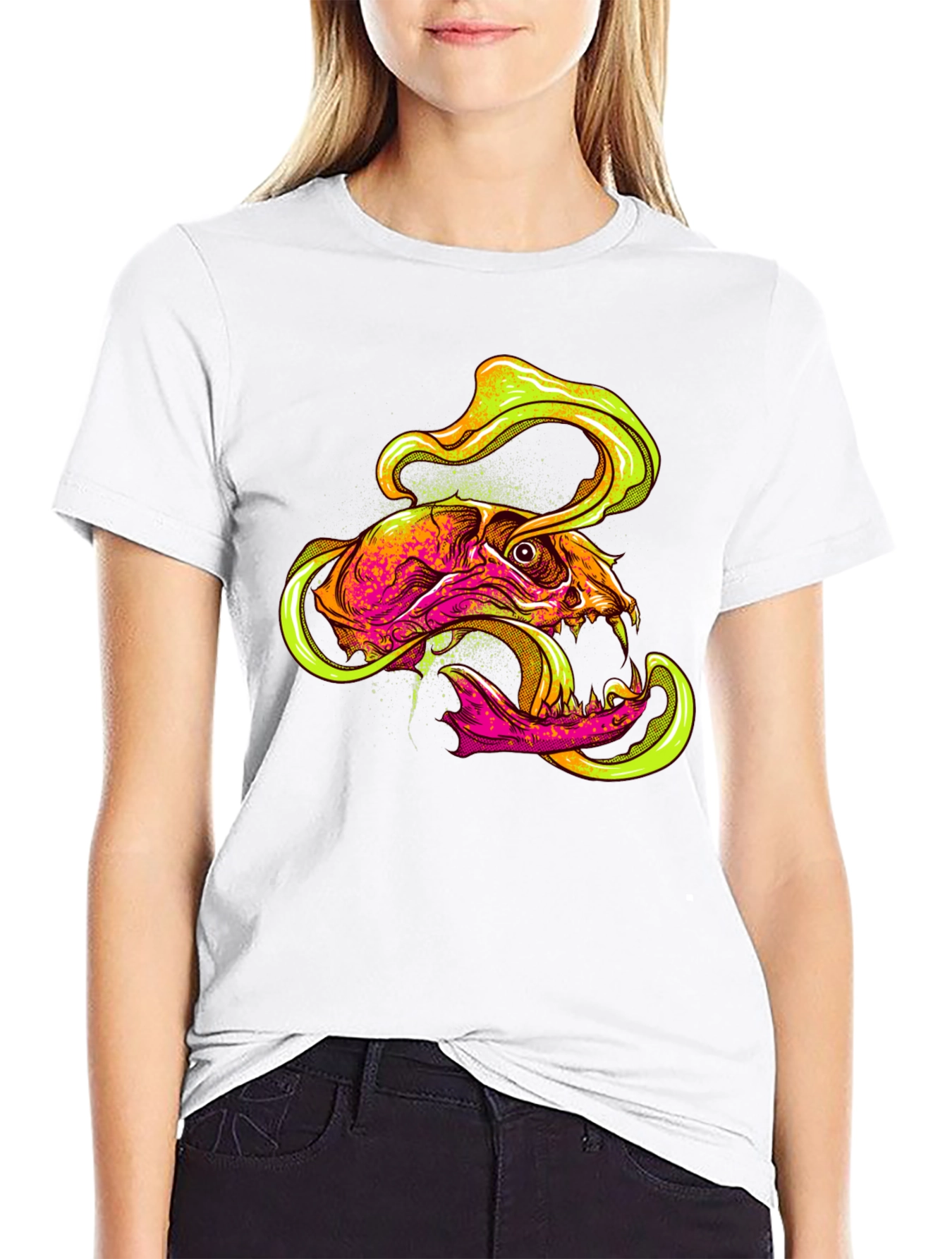 Skull Graphic Print T-Shirt - Vivid Neon Design