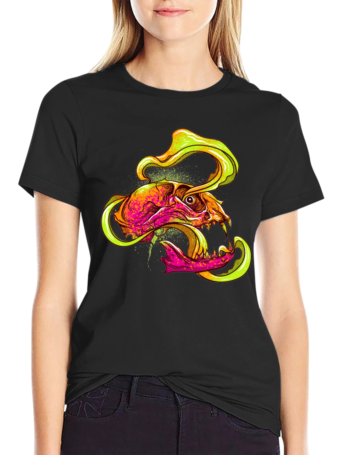 Skull Graphic Print T-Shirt - Vivid Neon Design