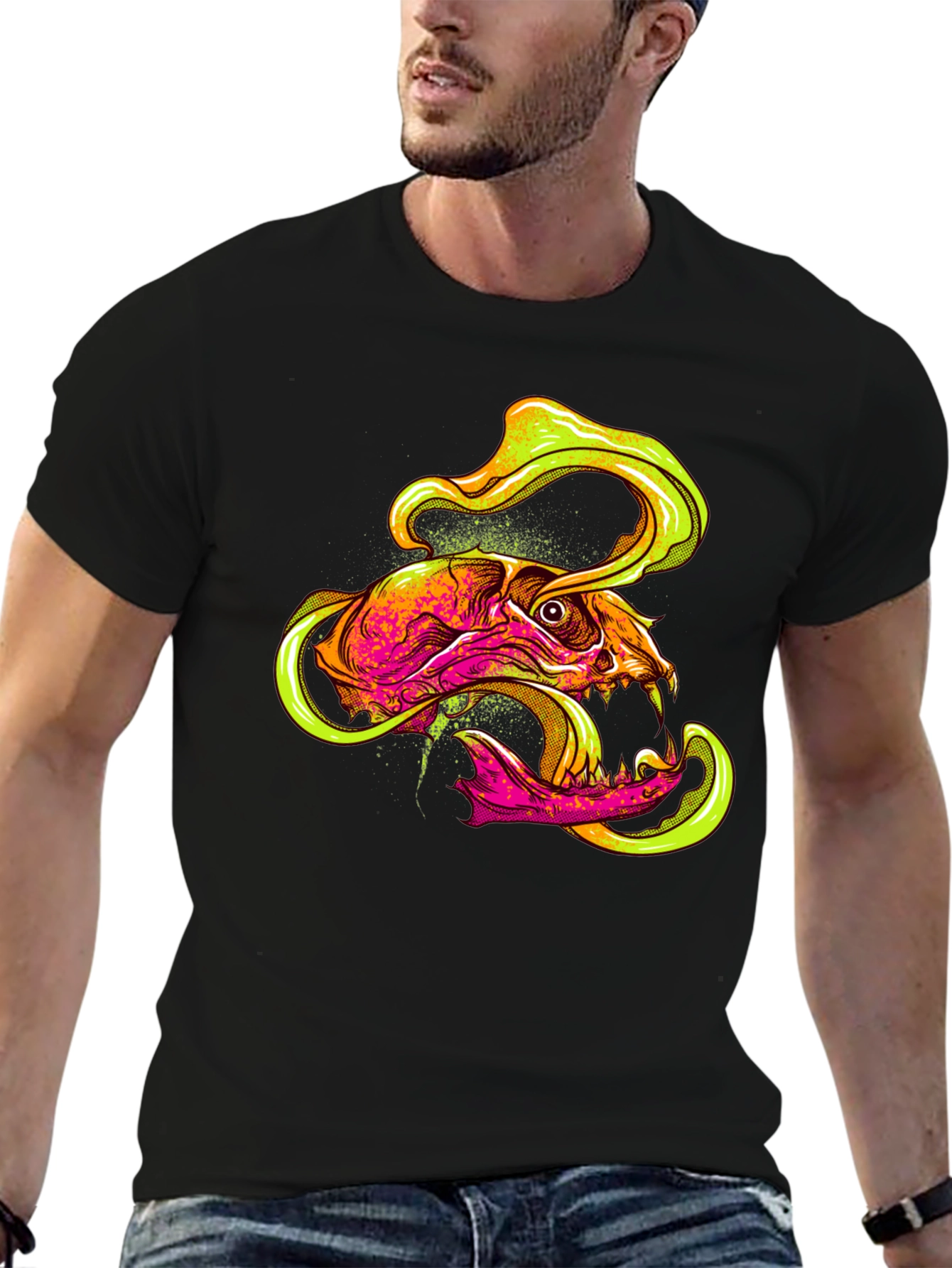 Skull Graphic Print T-Shirt - Vivid Neon Design