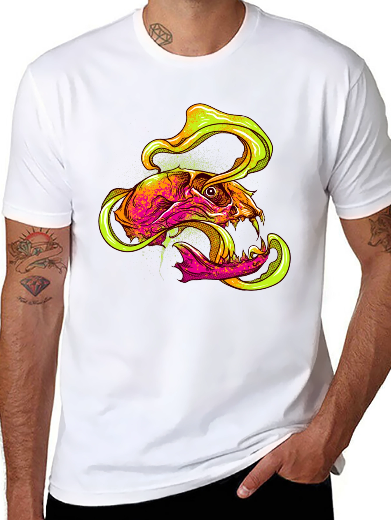 Skull Graphic Print T-Shirt - Vivid Neon Design