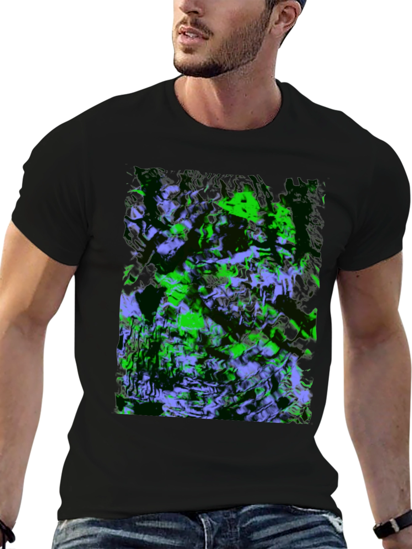 Abstract Green & Purple Graphic Black T-Shirt