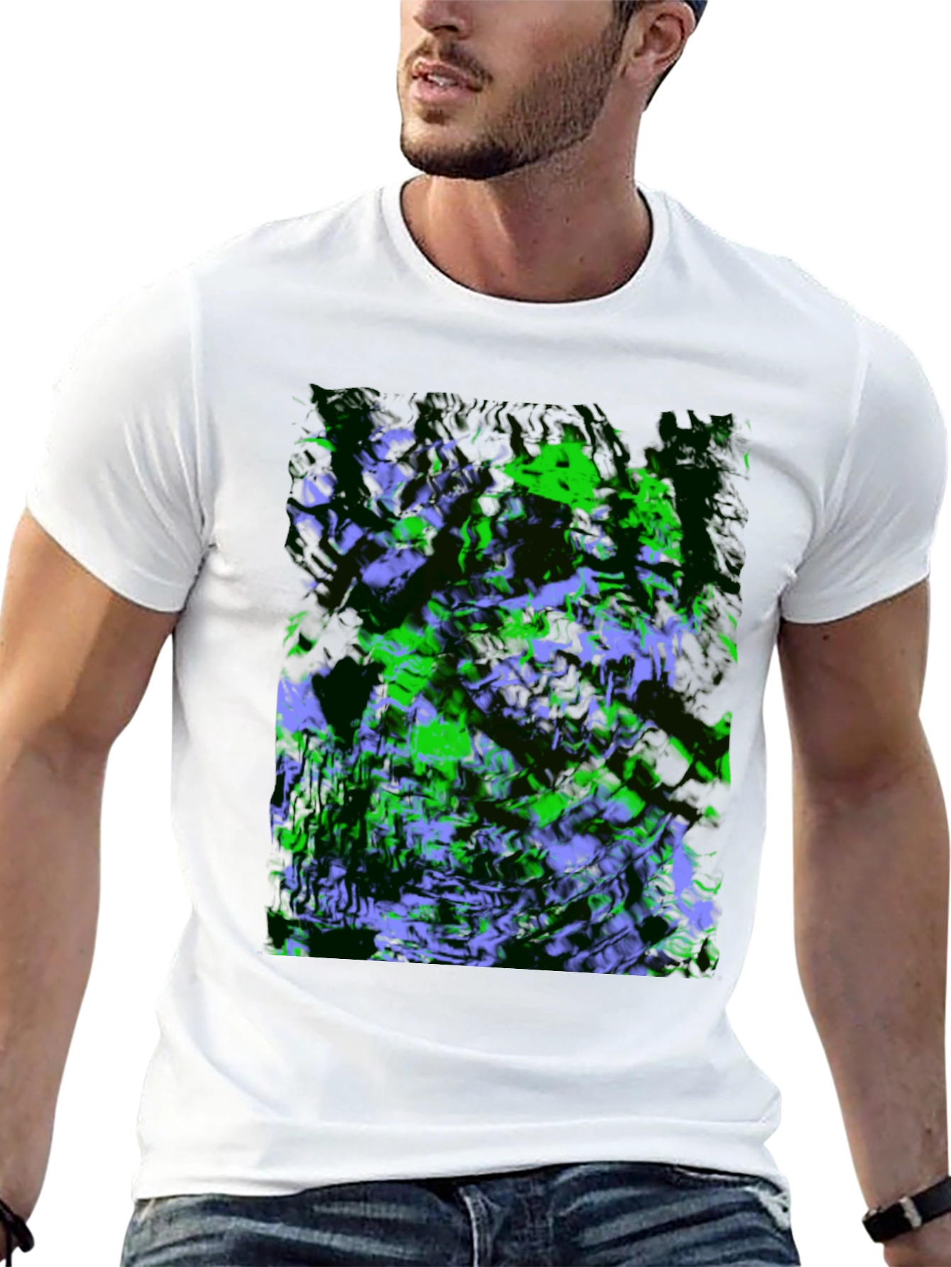 Abstract Green & Purple Graphic Black T-Shirt