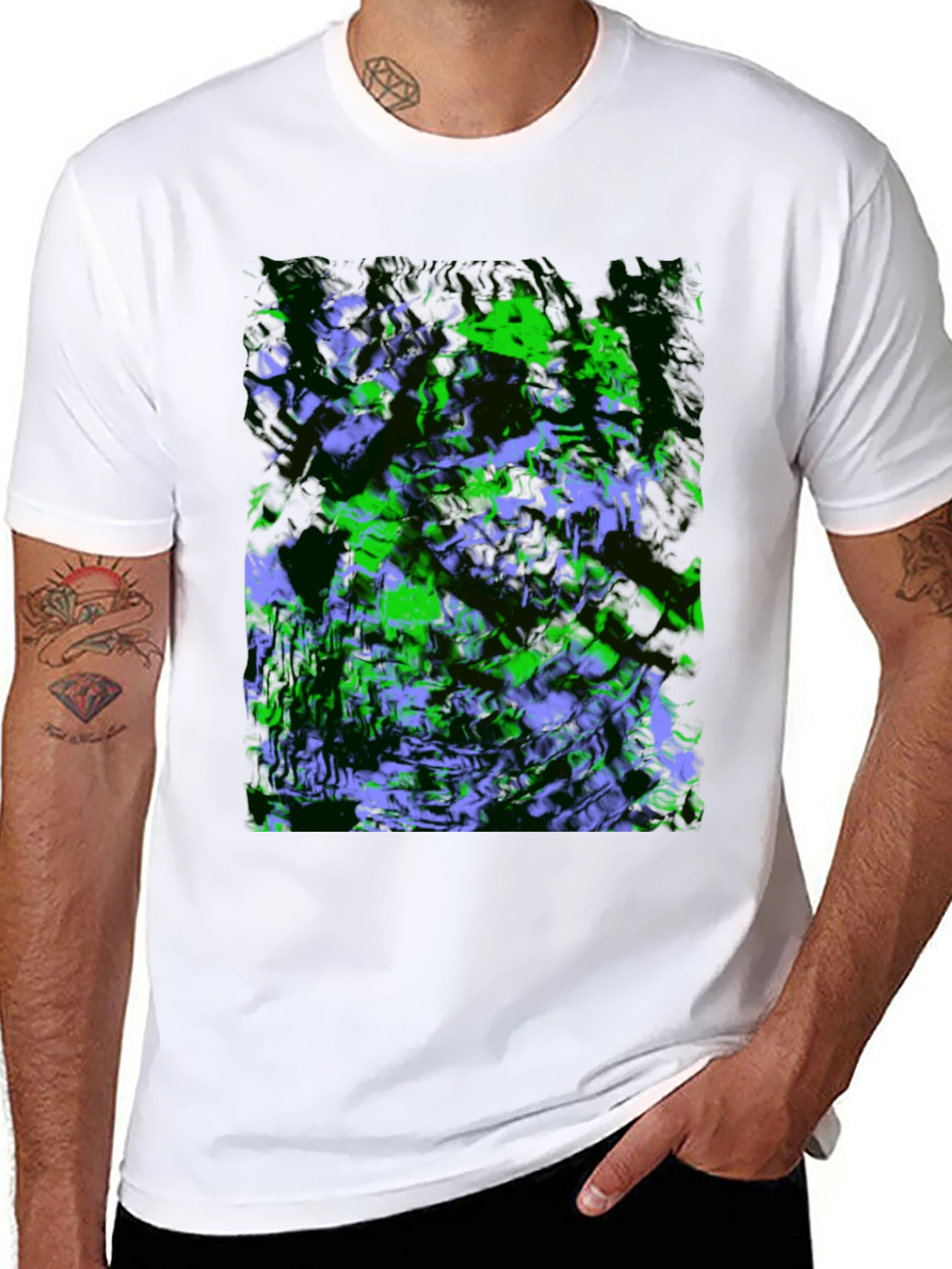 Abstract Green & Purple Graphic Black T-Shirt