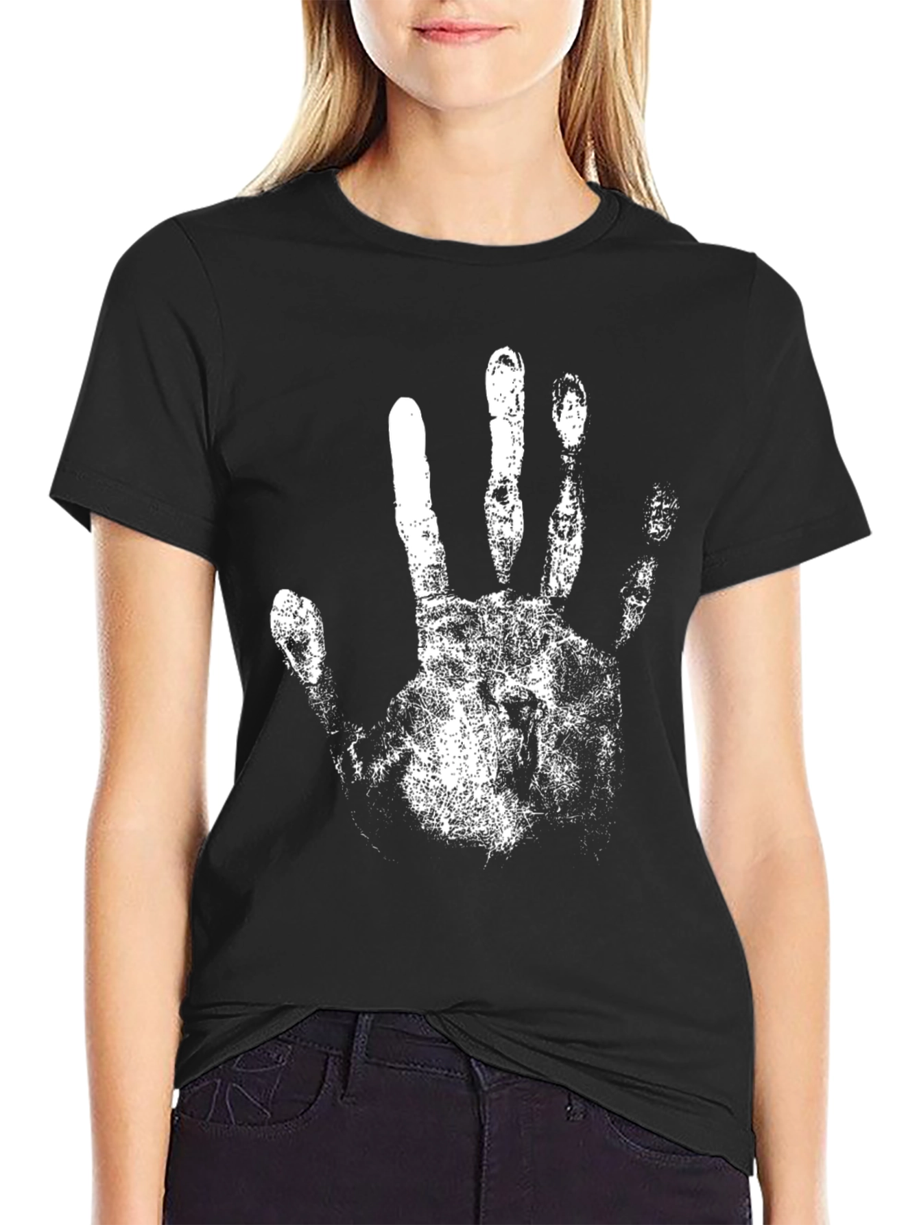 Black T-Shirt with White Handprint Design