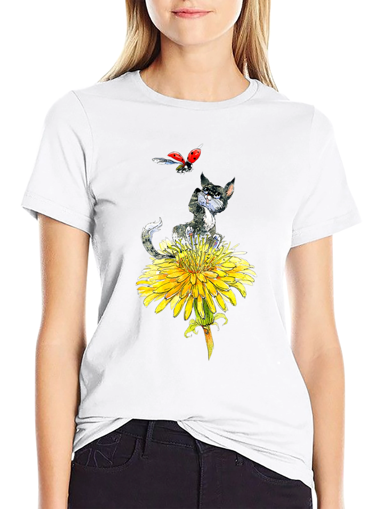 Cat & Ladybug Dandelion Graphic Tee - Black