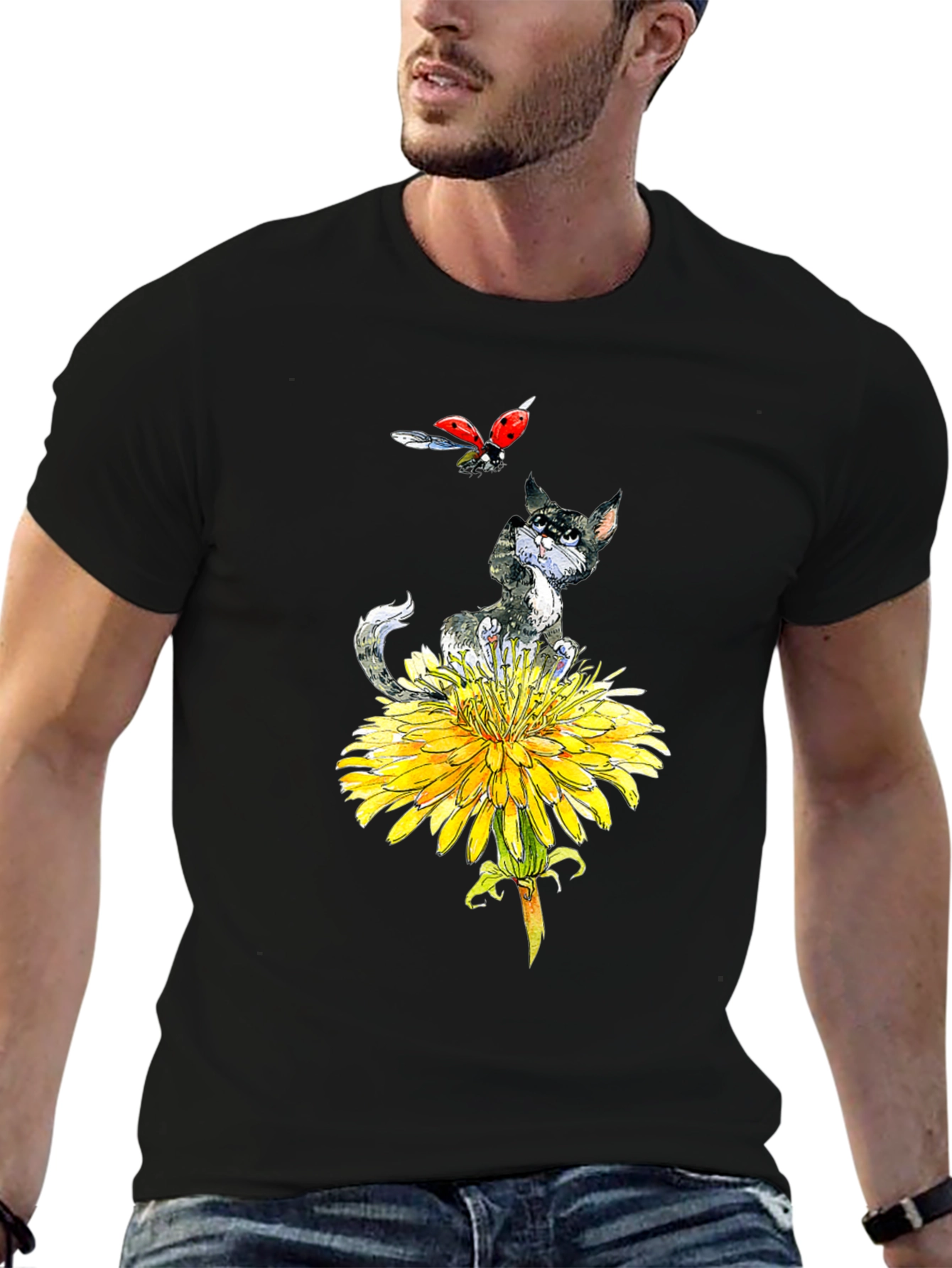 Cat & Ladybug Dandelion Graphic Tee - Black
