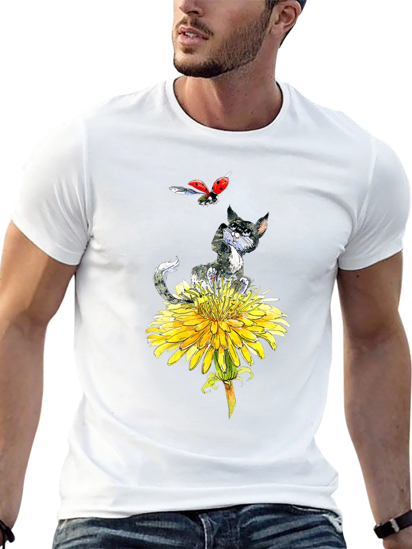 Cat & Ladybug Dandelion Graphic Tee - Black
