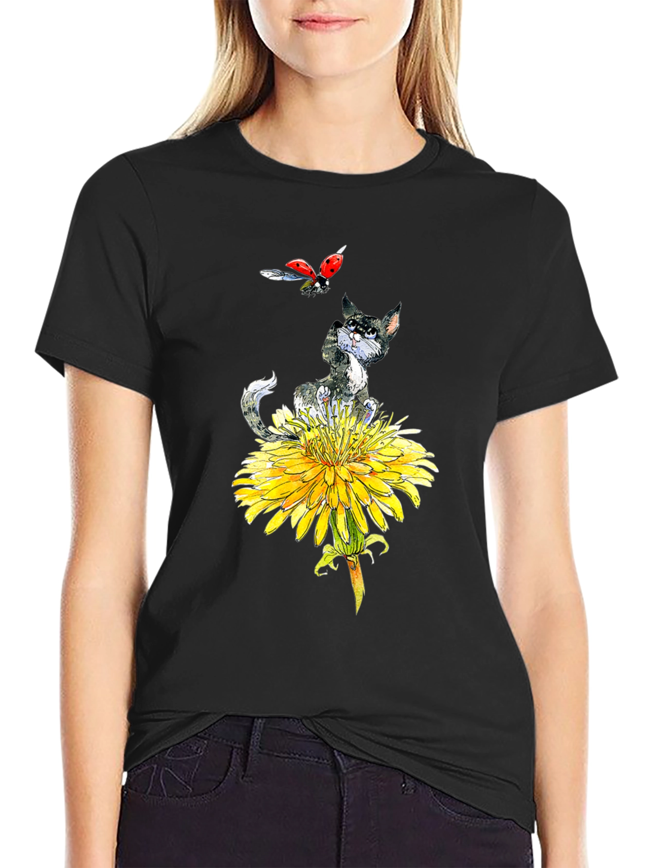 Cat & Ladybug Dandelion Graphic Tee - Black