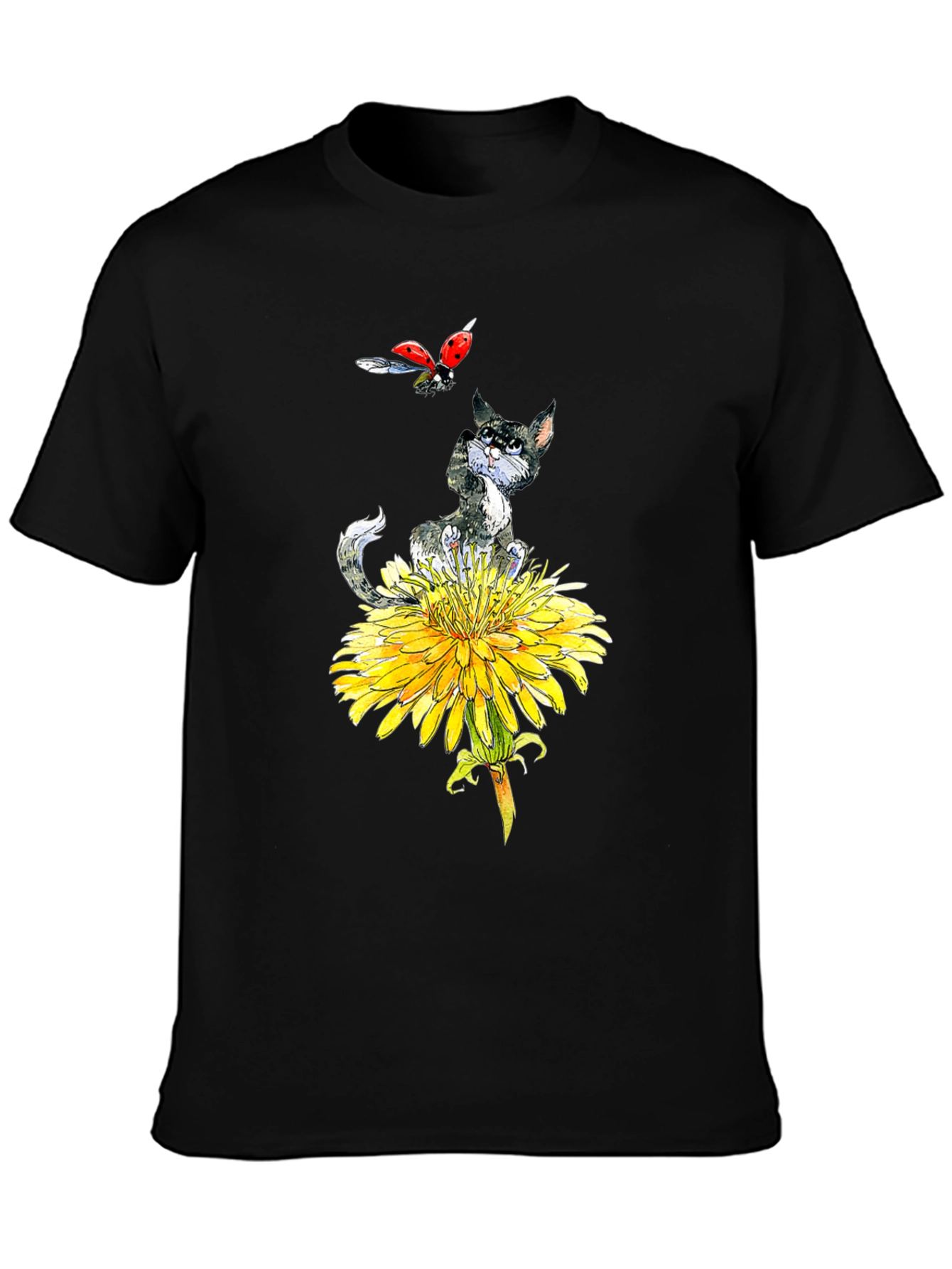 Cat & Ladybug Dandelion Graphic Tee - Black