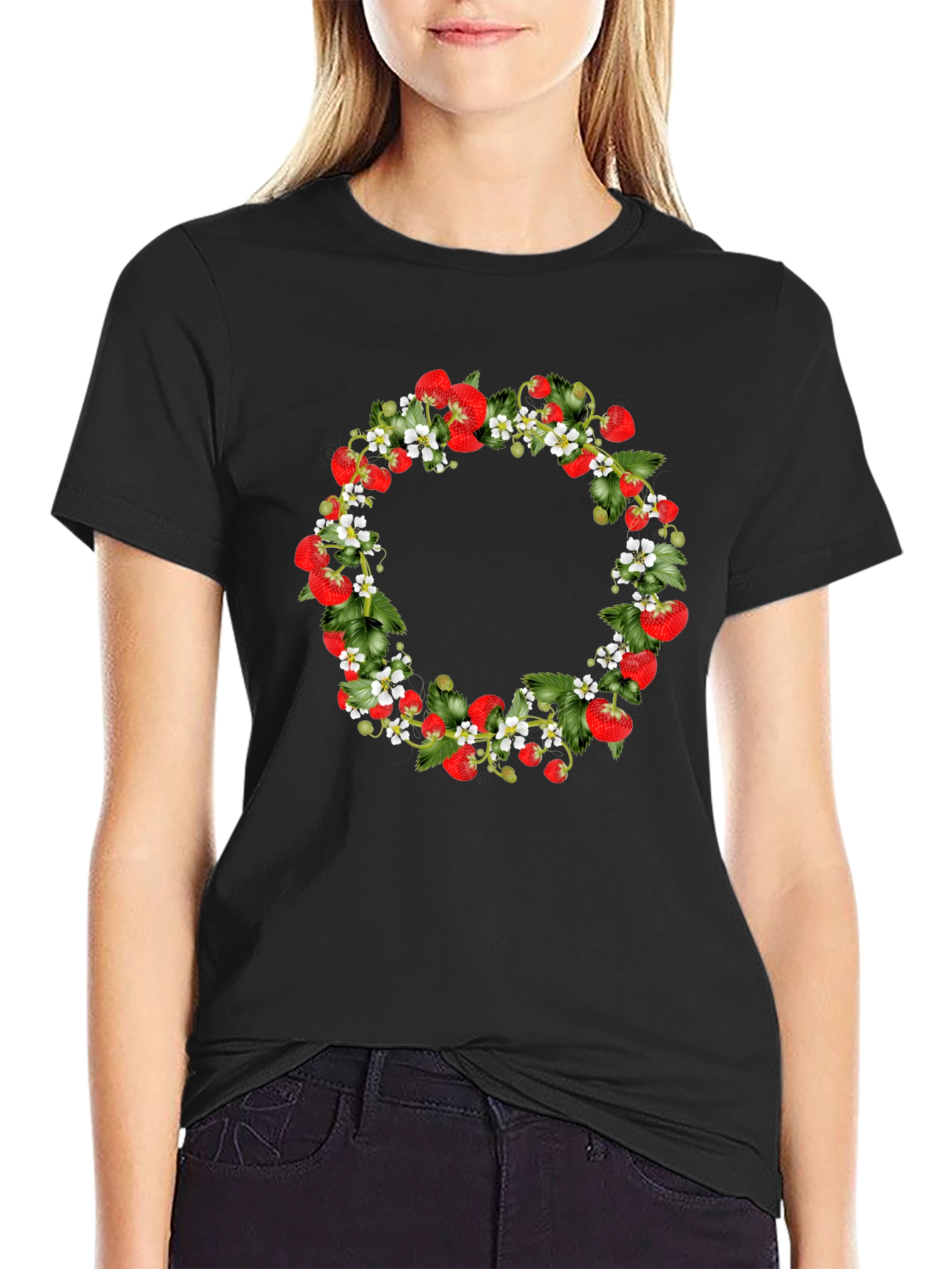 Strawberry Wreath Black T-Shirt