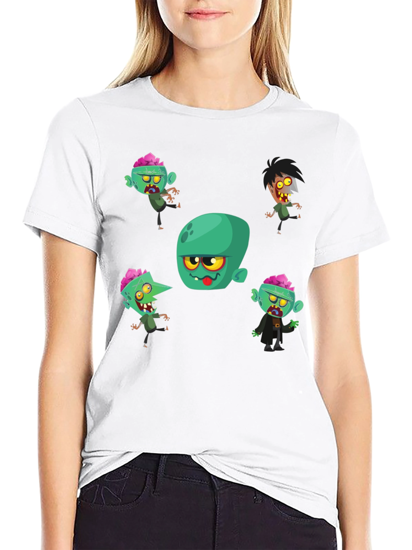 Zombie Cartoon Print Black T-Shirt