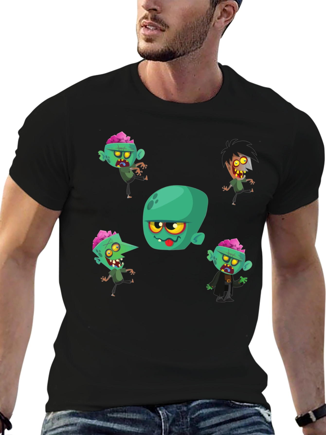 Zombie Cartoon Print Black T-Shirt