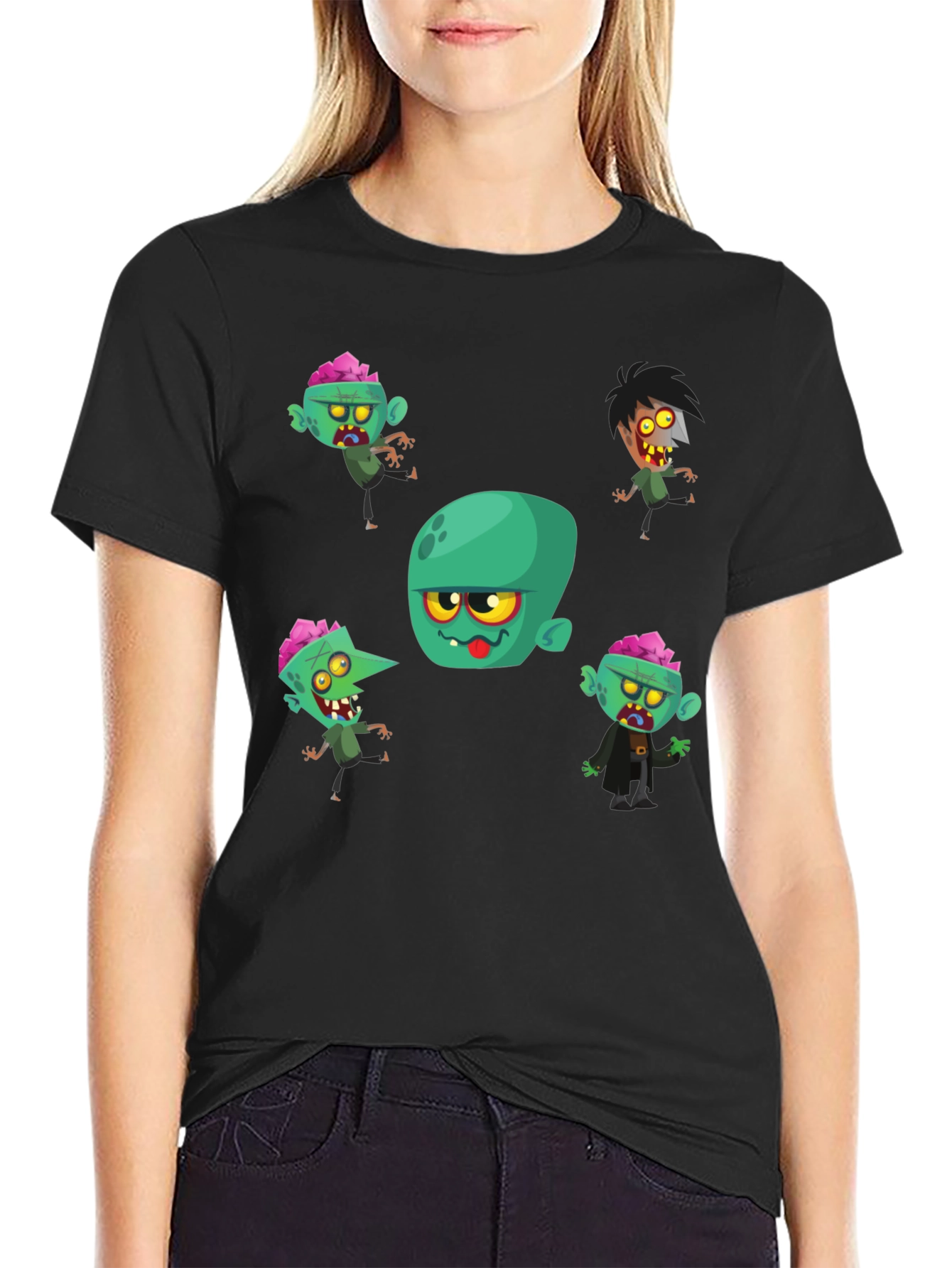 Zombie Cartoon Print Black T-Shirt