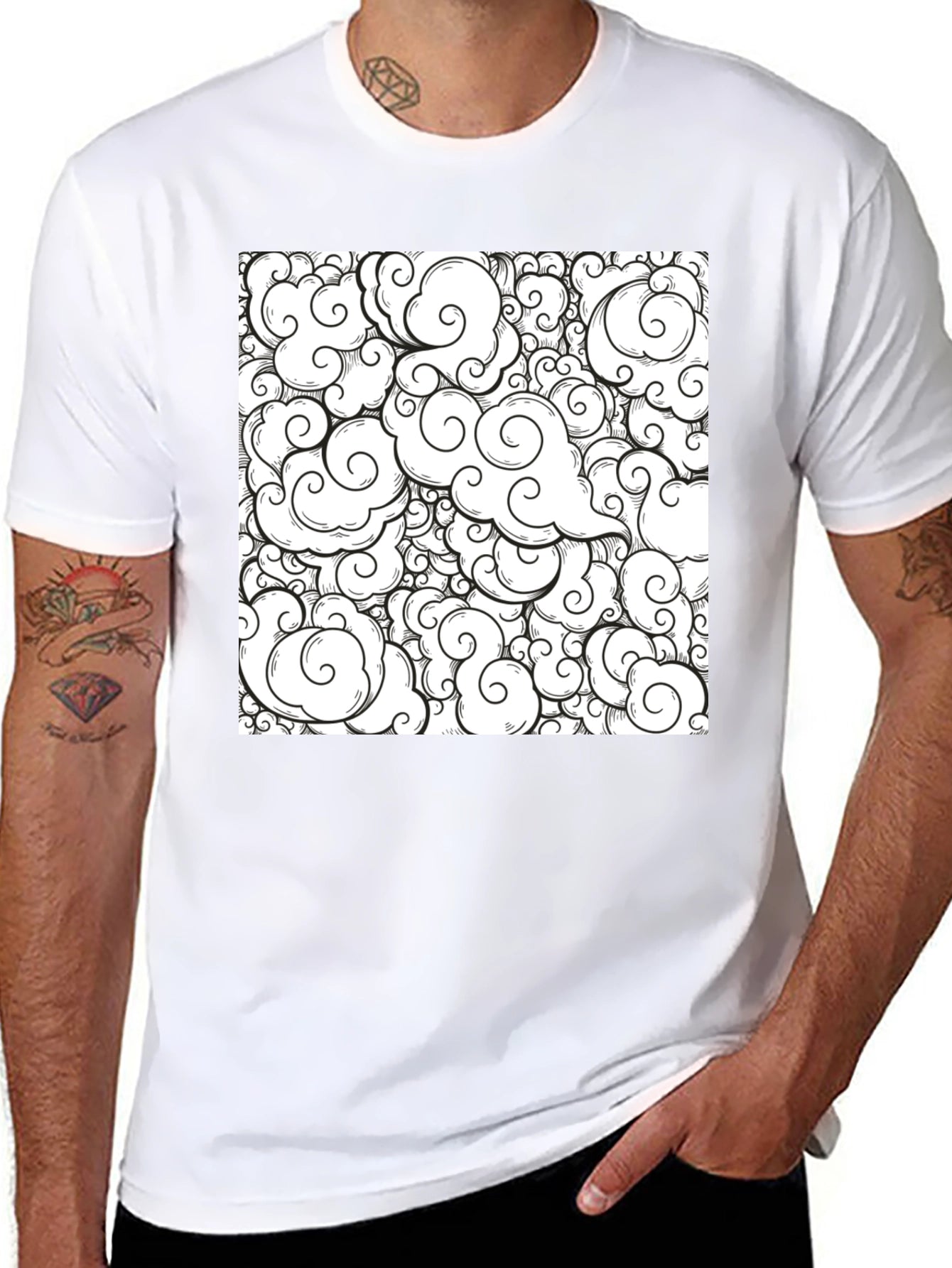 Cloud Pattern Graphic Tee - Black Cotton Shirt
