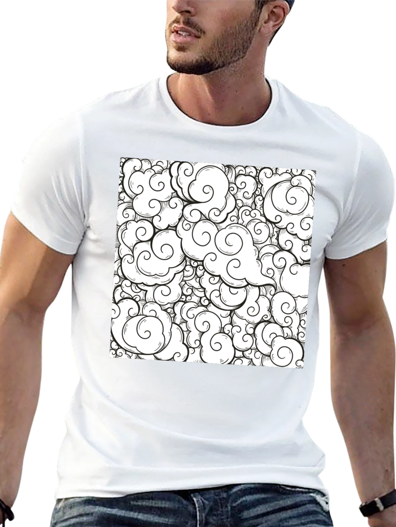 Cloud Pattern Graphic Tee - Black Cotton Shirt