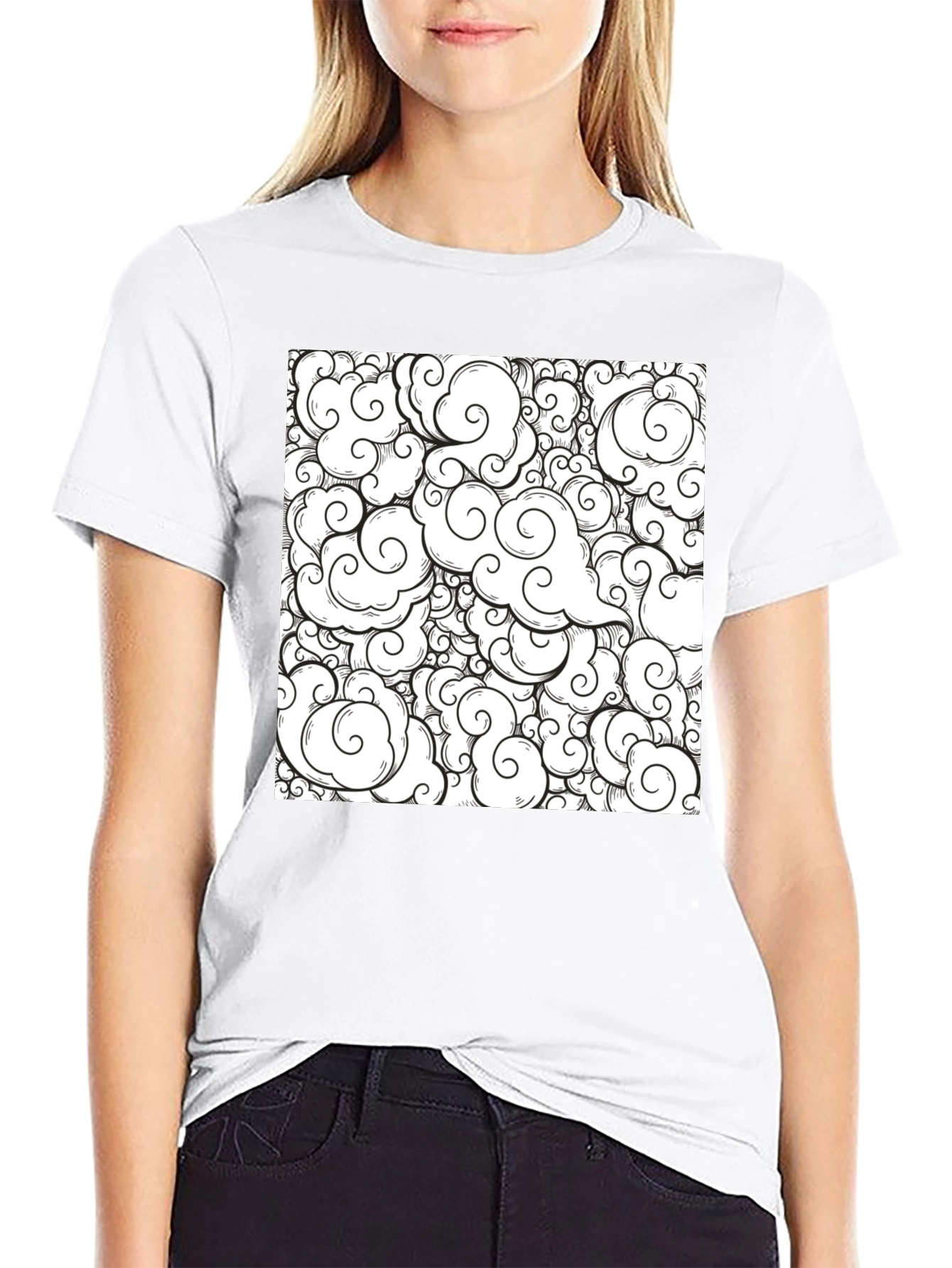 Cloud Pattern Graphic Tee - Black Cotton Shirt