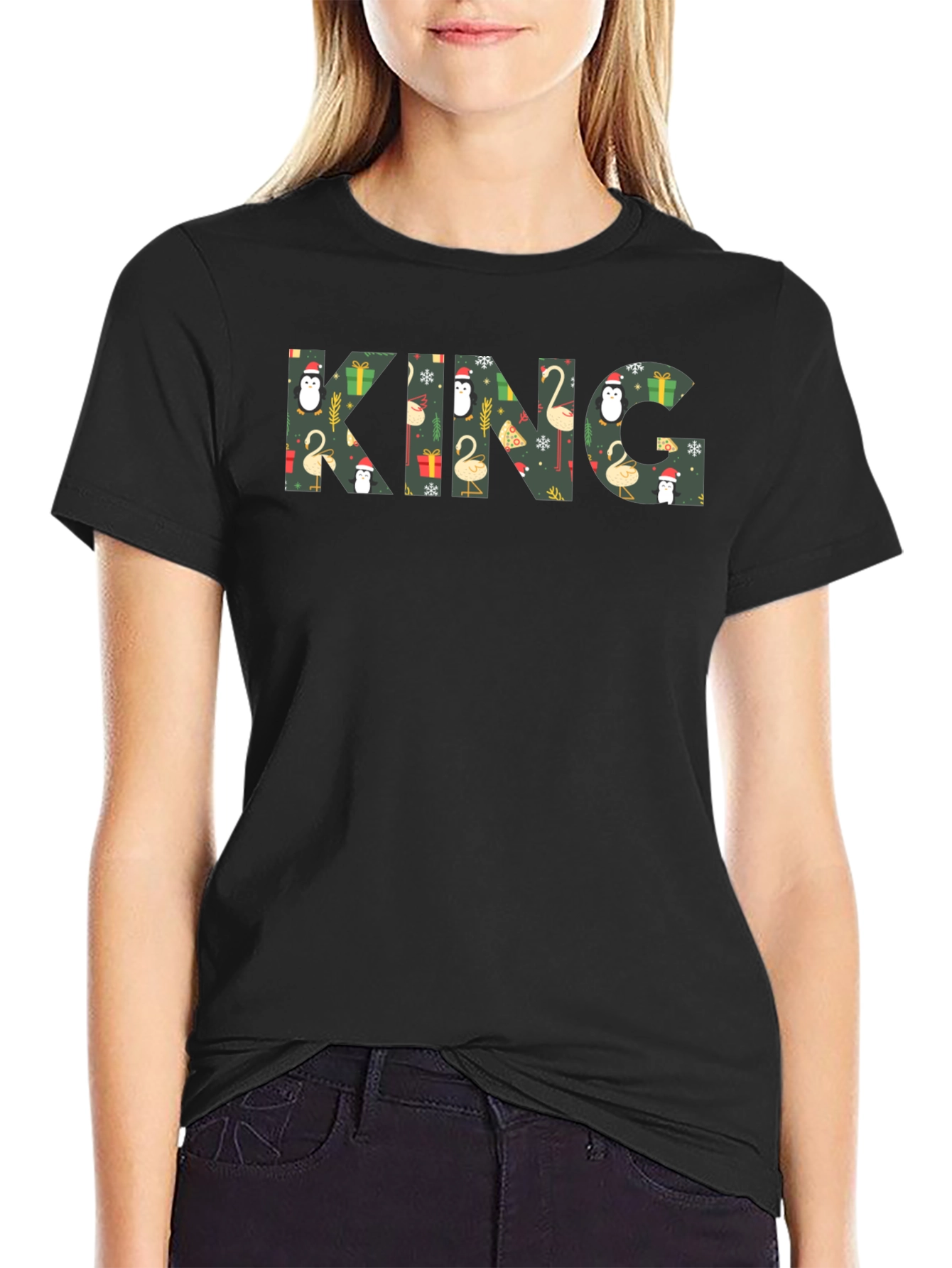 Festive KING Holiday Pattern Black T-Shirt