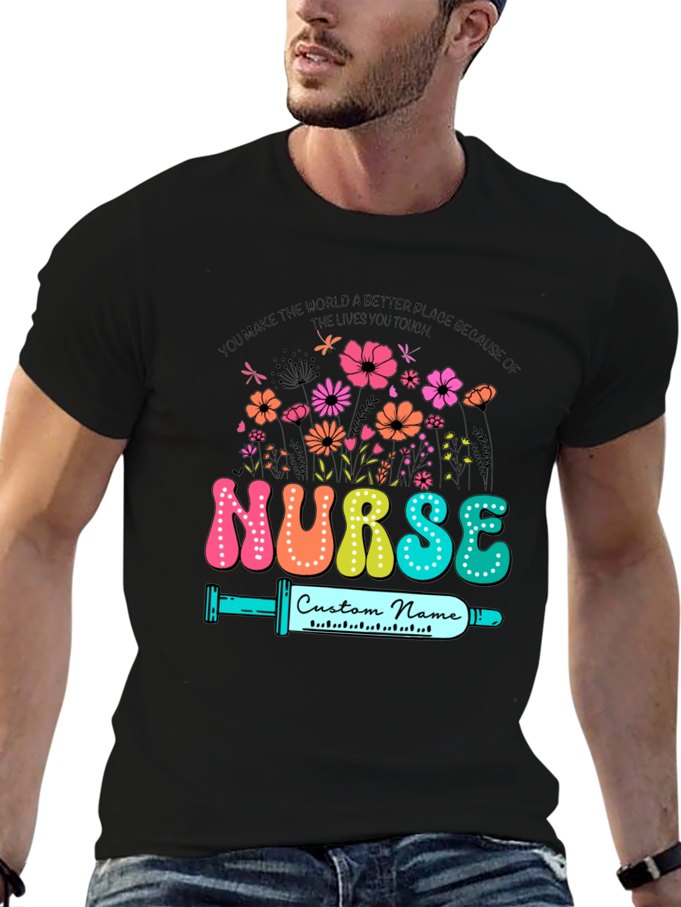 Nurse Custom Name T-Shirt - Floral Design
