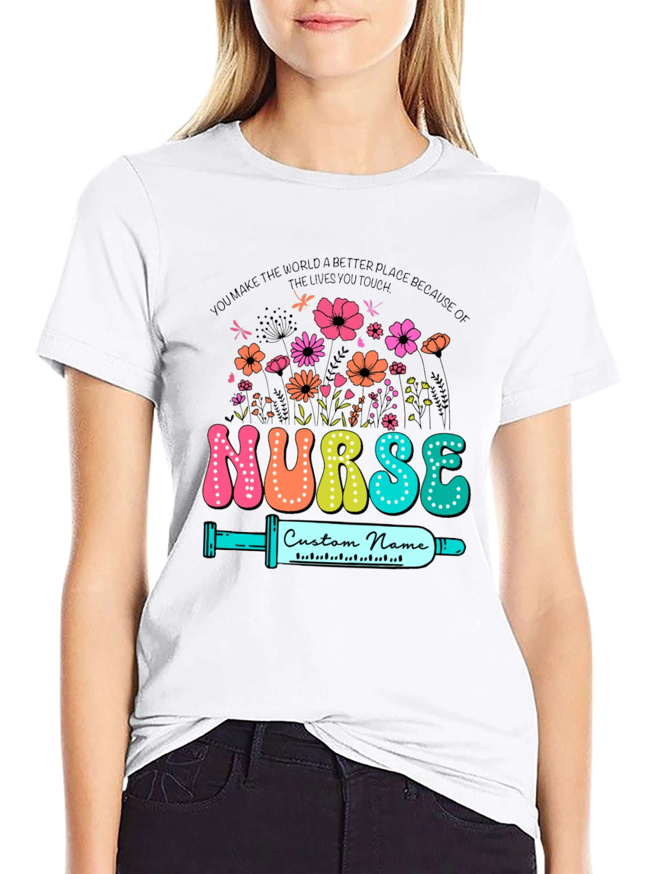 Nurse Custom Name T-Shirt - Floral Design