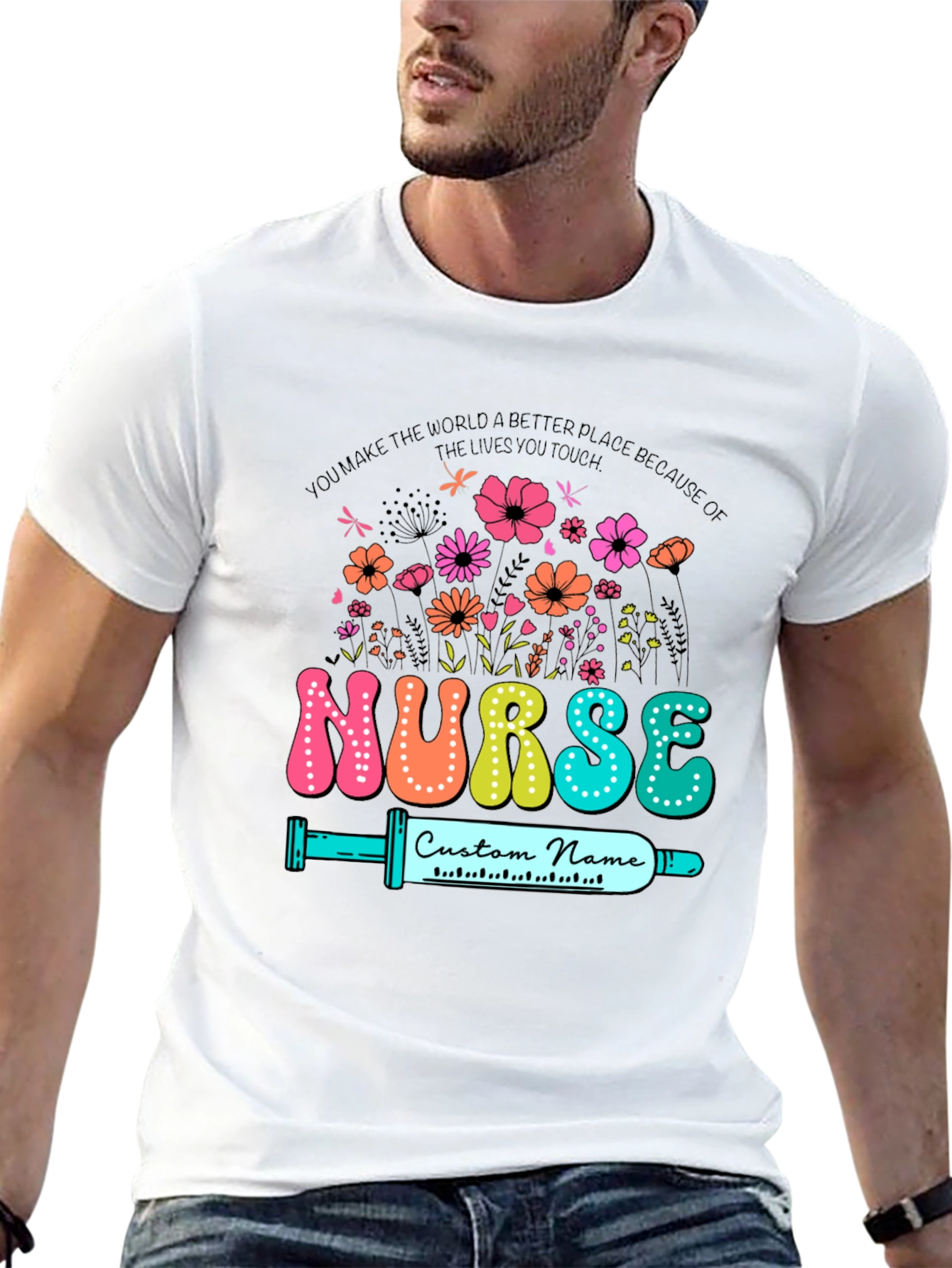 Nurse Custom Name T-Shirt - Floral Design