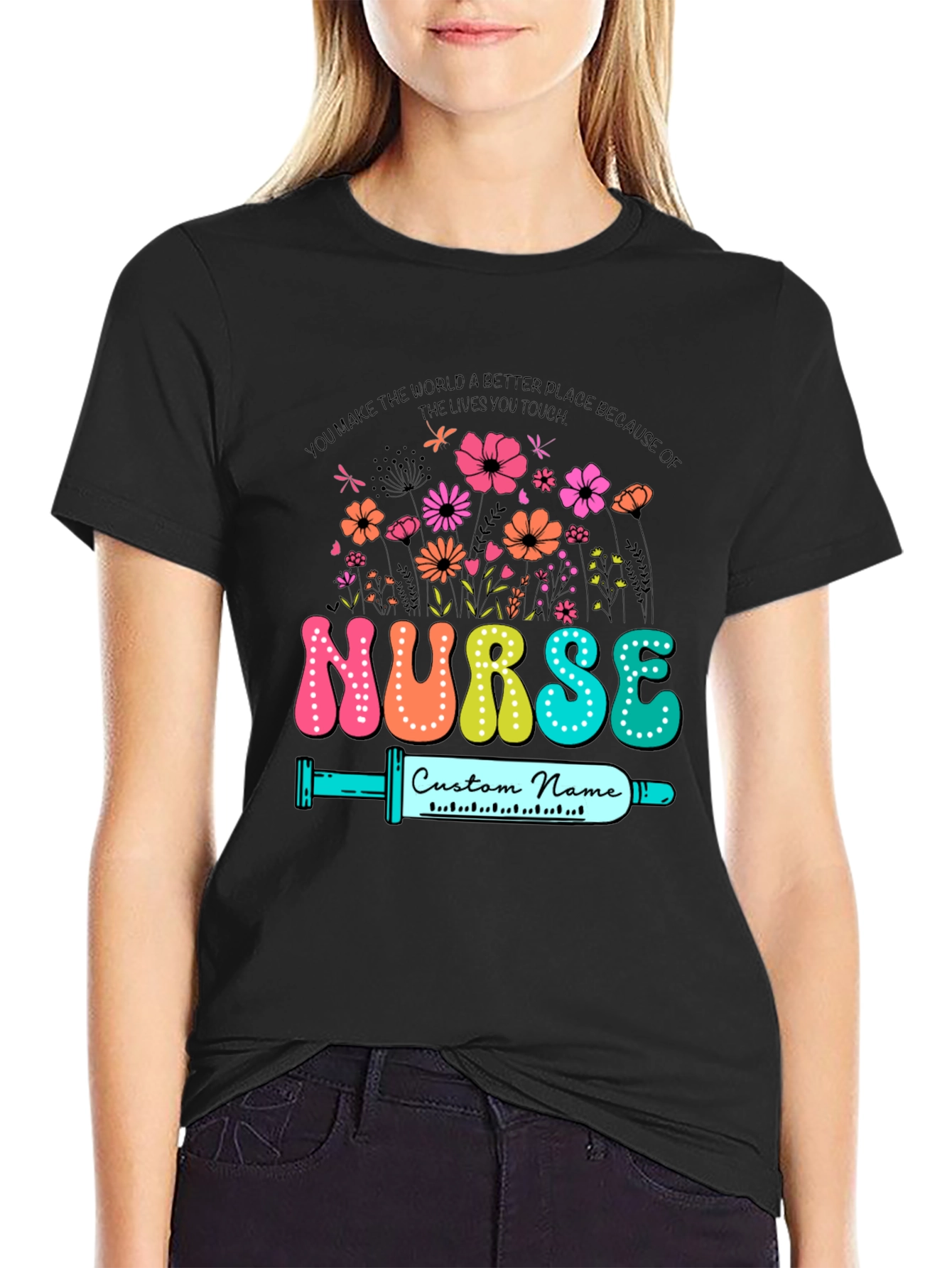 Nurse Custom Name T-Shirt - Floral Design