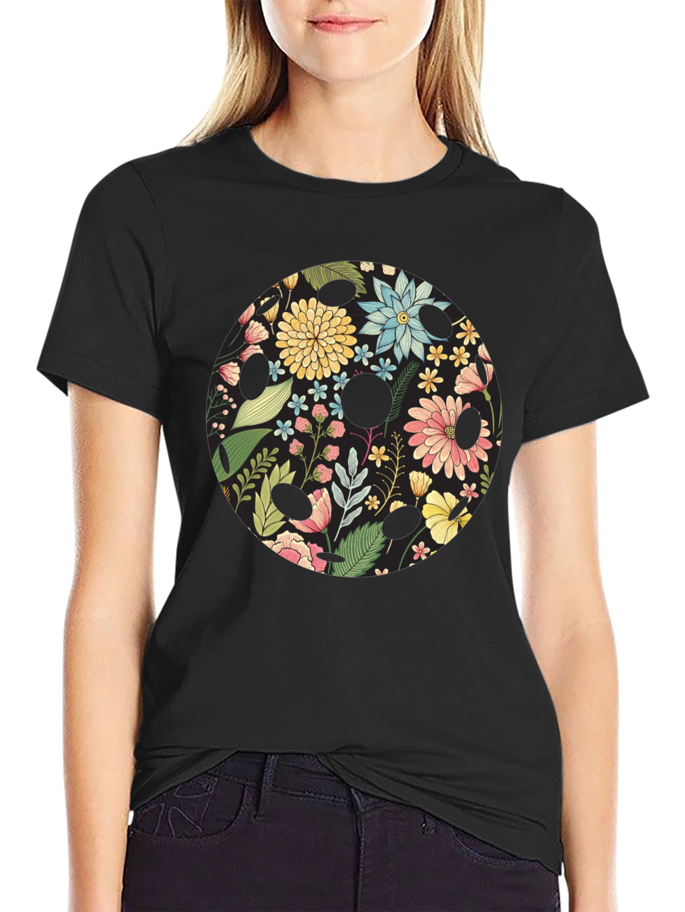 Floral Skull Black Graphic T-Shirt