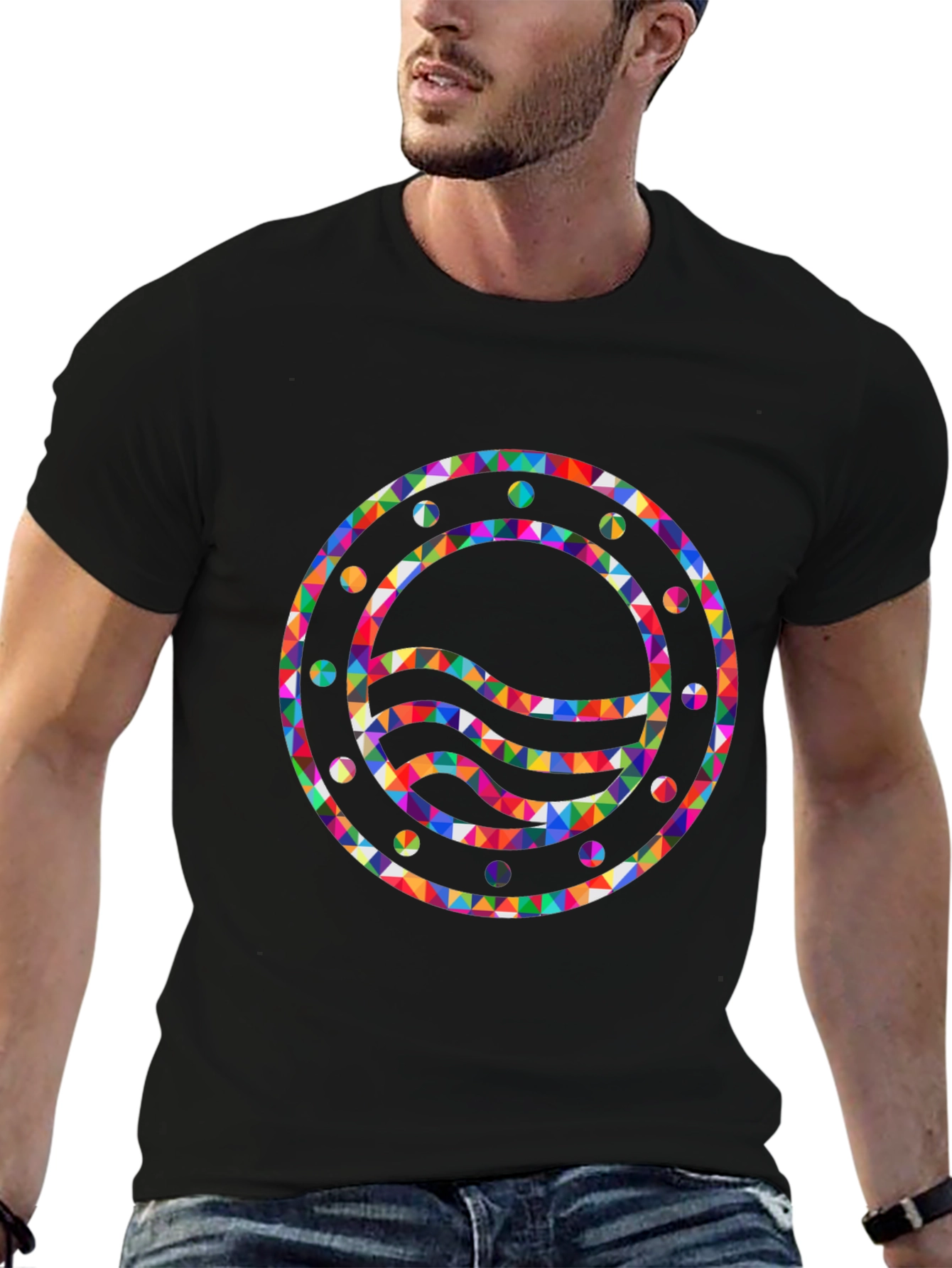 Geometric Waves Graphic Black T-Shirt
