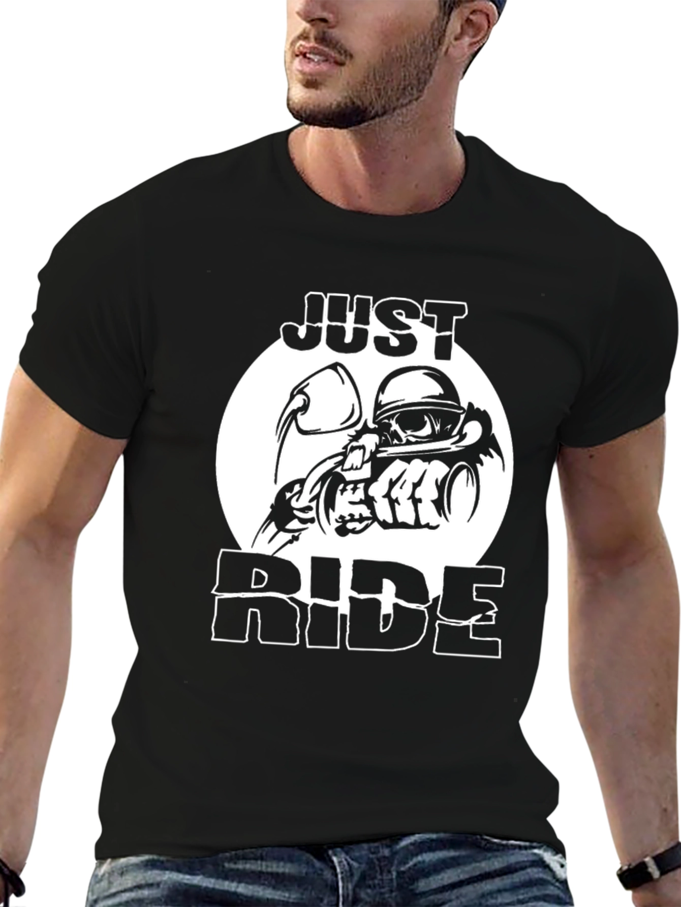 Just Ride Black Graphic T-Shirt Motorcycle Skull