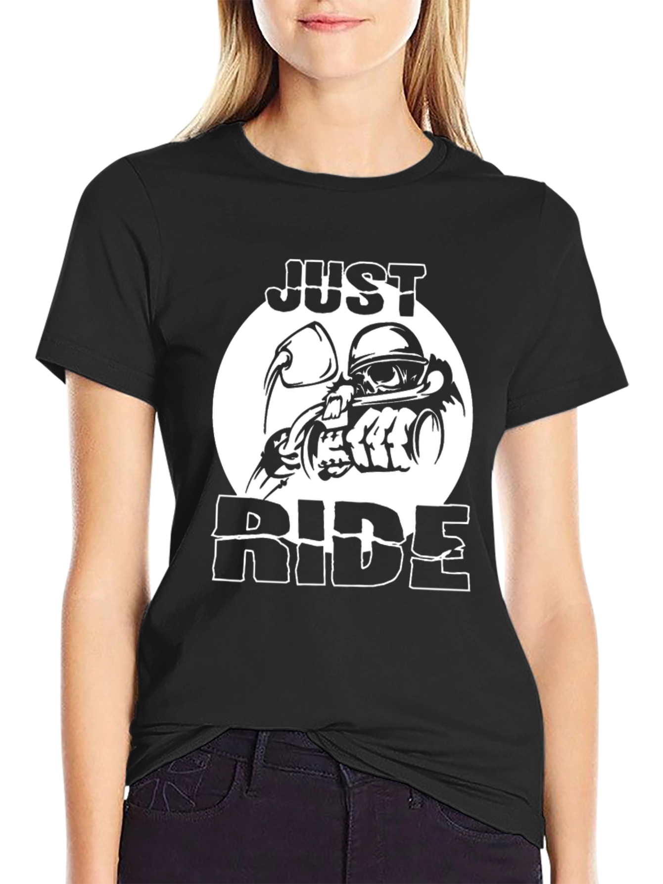 Just Ride Black Graphic T-Shirt Motorcycle Skull