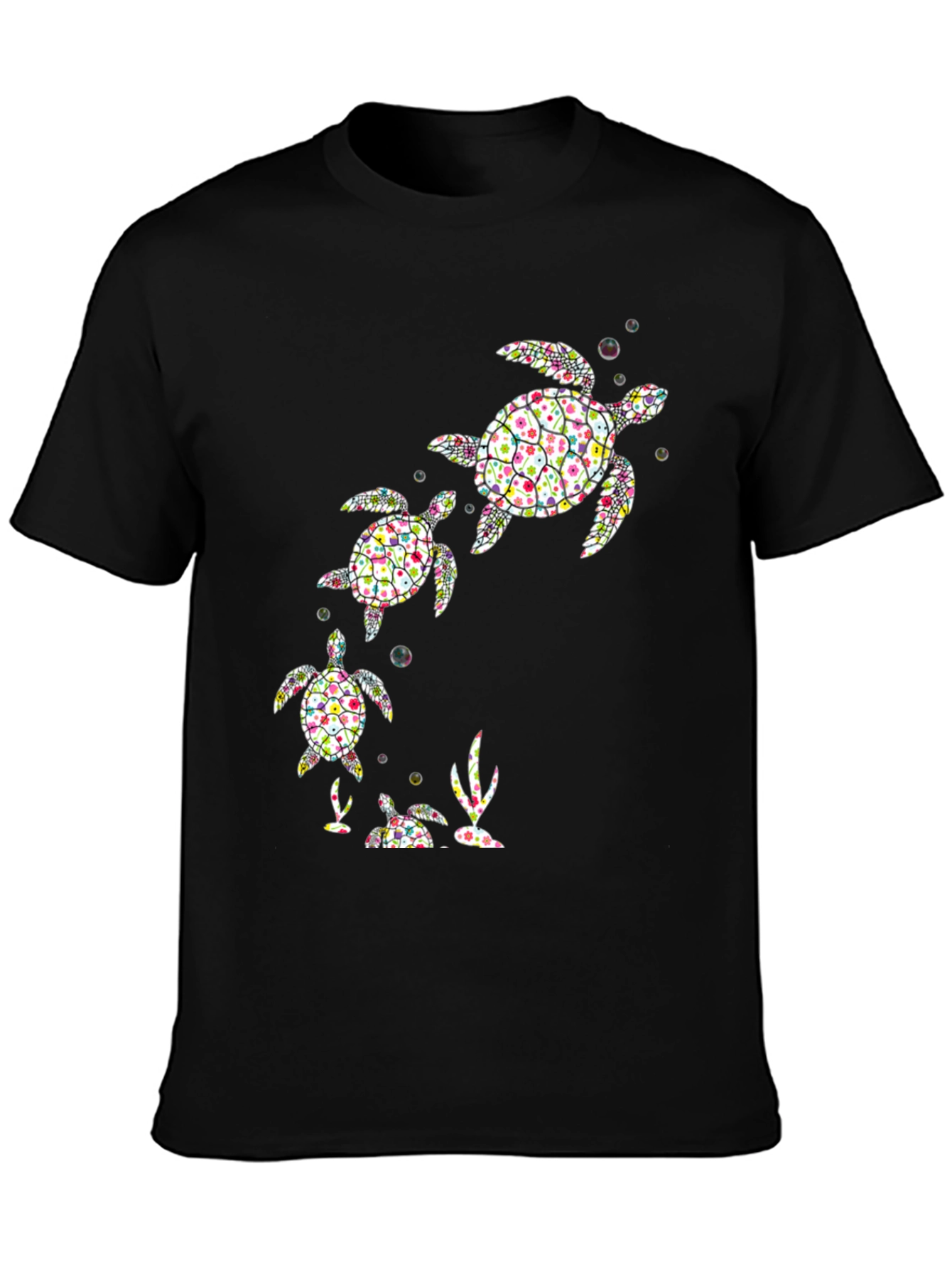 Turtle Family Graphic Tee - Black Cotton Shirt