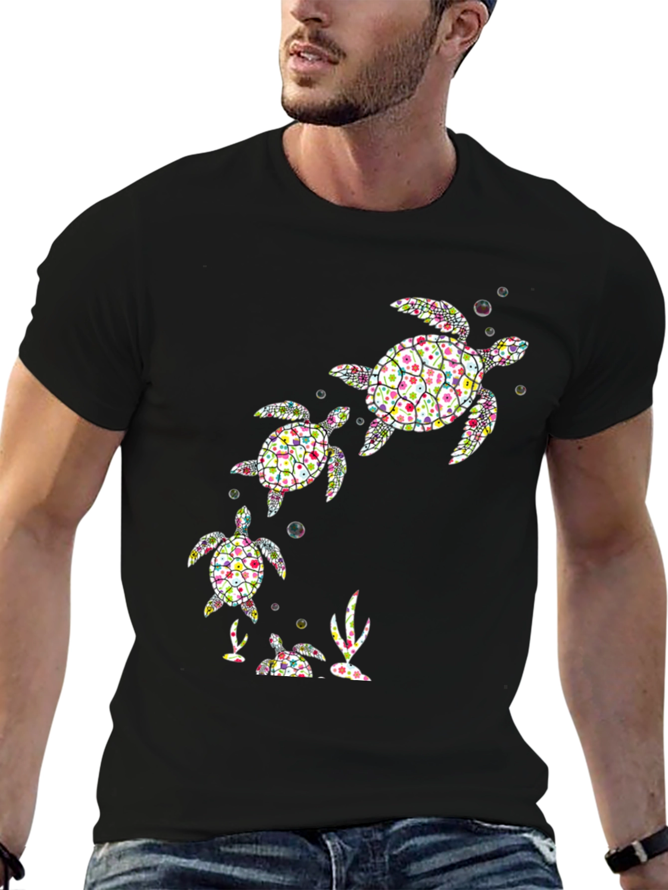 Turtle Family Graphic Tee - Black Cotton Shirt
