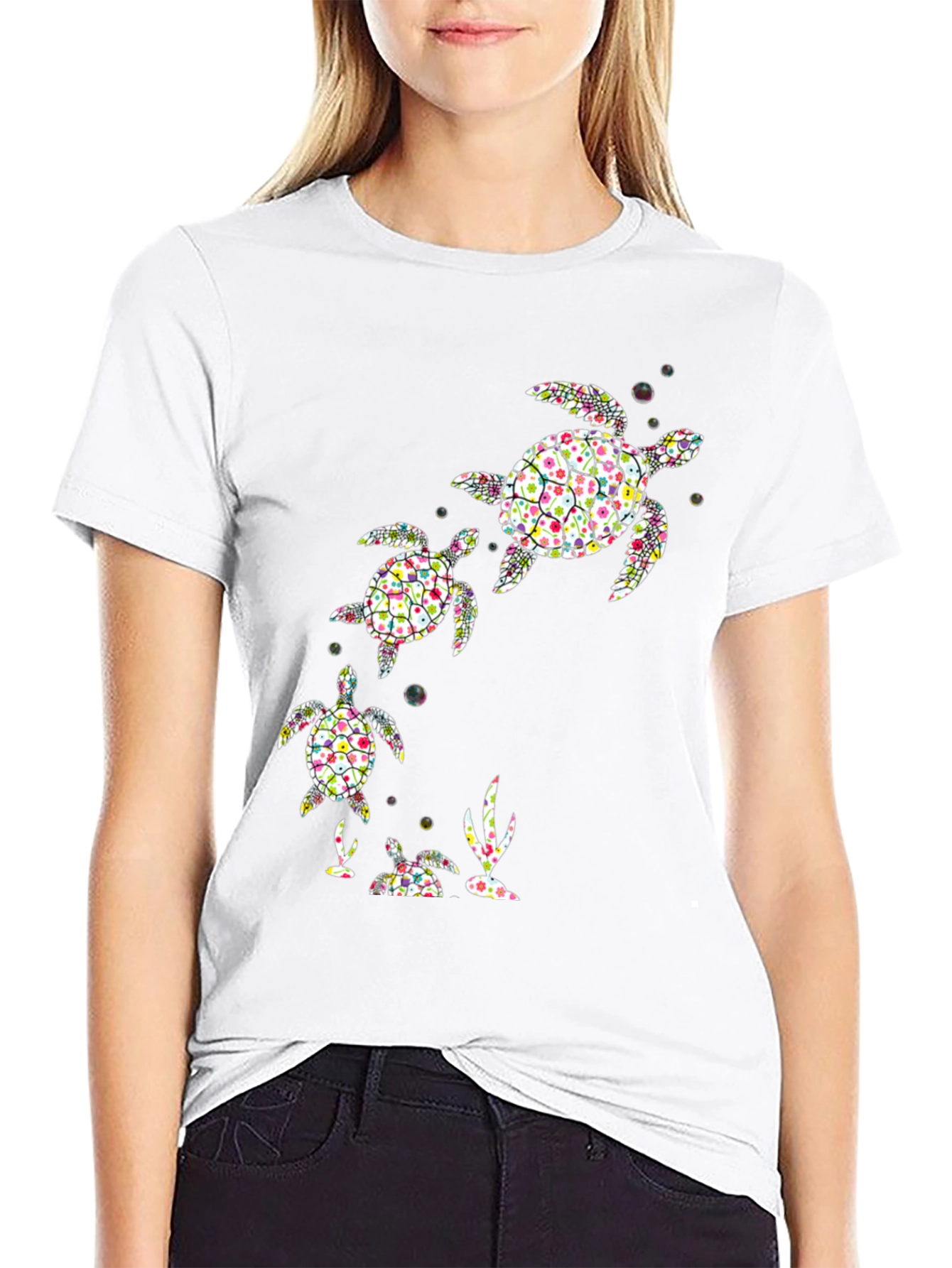 Turtle Family Graphic Tee - Black Cotton Shirt