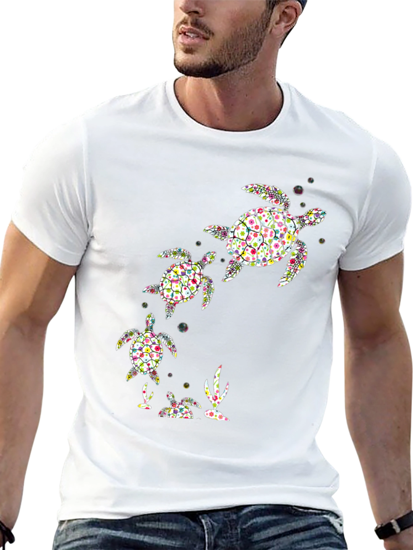 Turtle Family Graphic Tee - Black Cotton Shirt