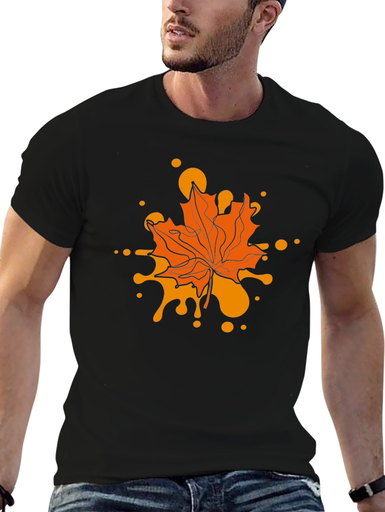 Autumn Maple Leaf Graphic Tee - Black Casual T-Shirt