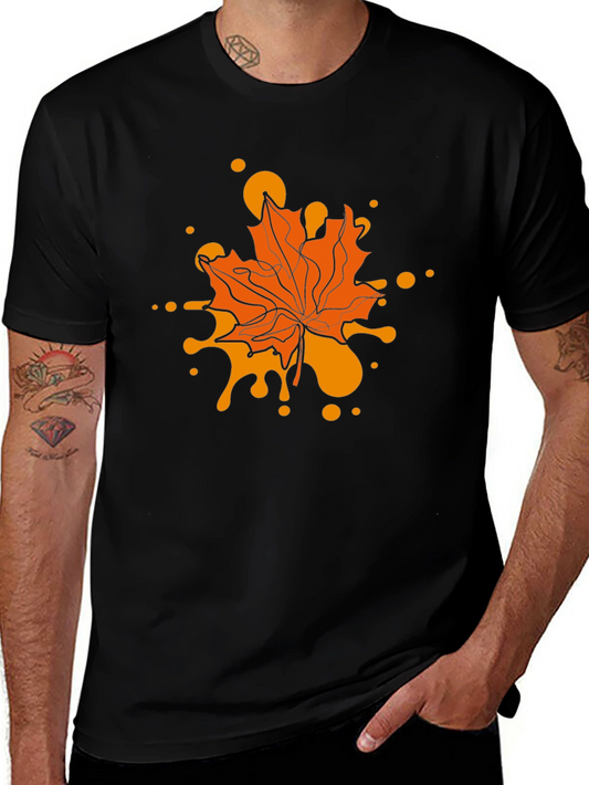 Autumn Maple Leaf Graphic Tee - Black Casual T-Shirt