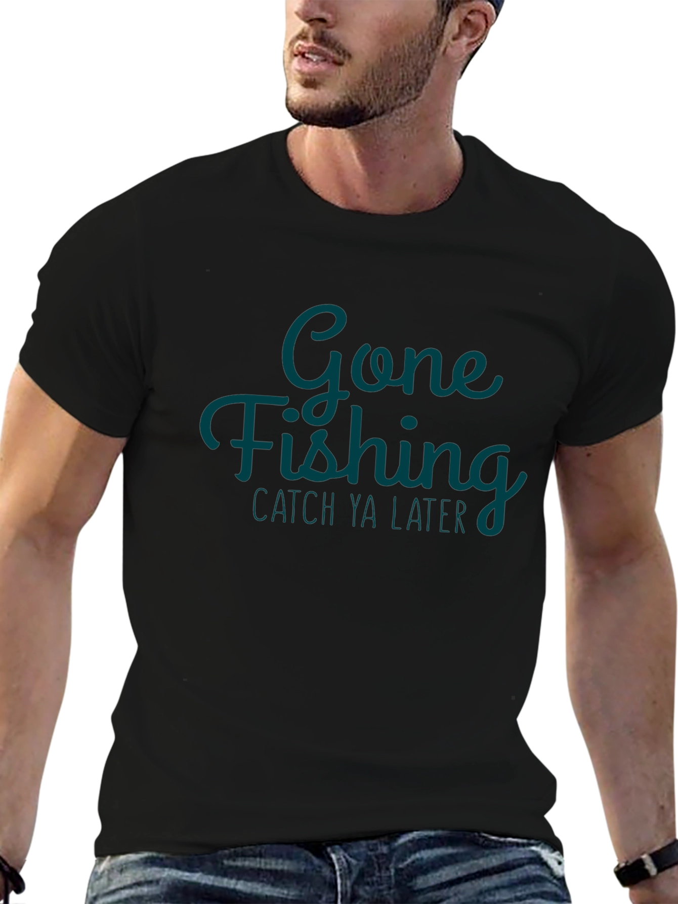 Gone Fishing Mens Black Graphic T-Shirt