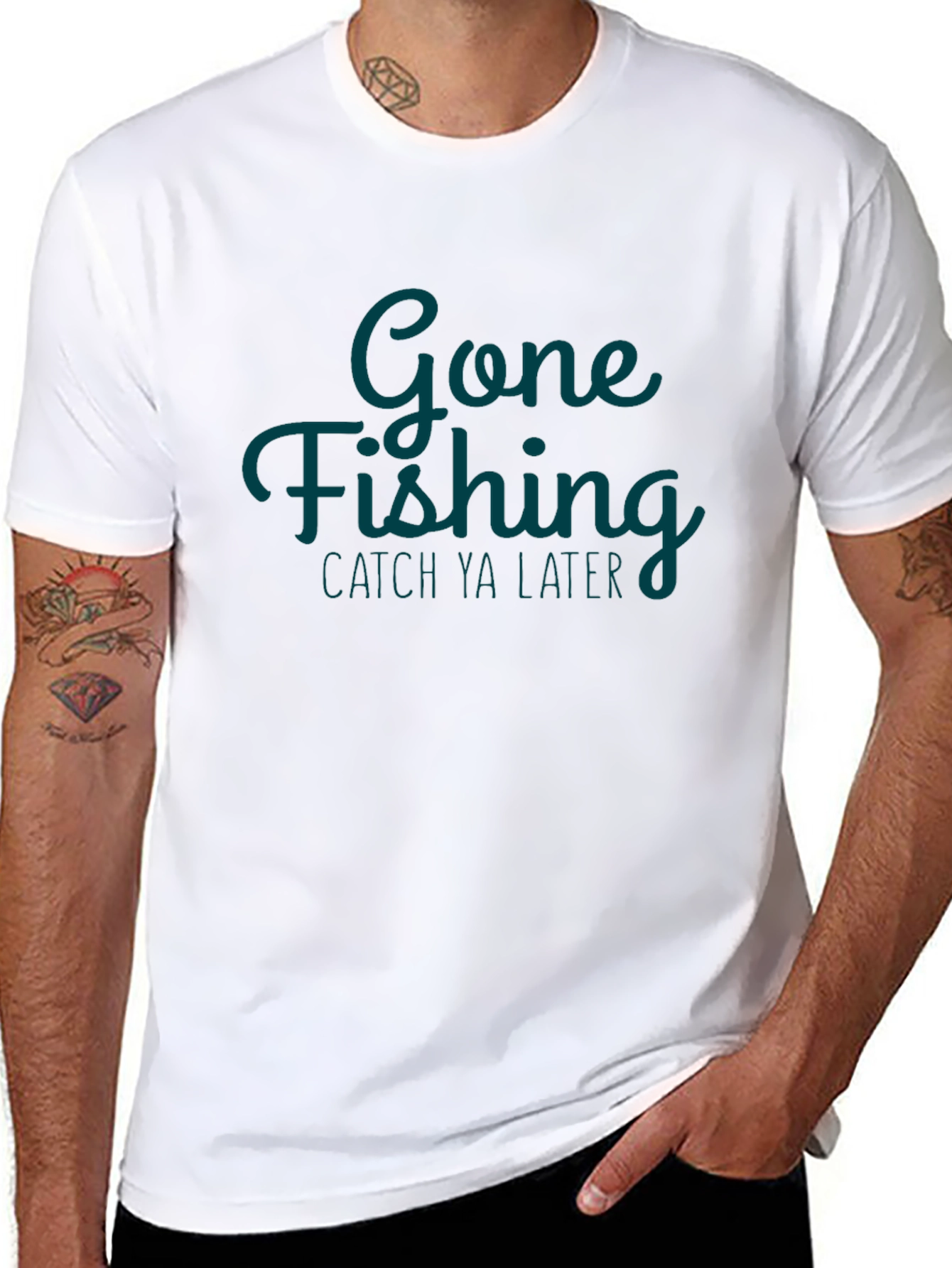 Gone Fishing Mens Black Graphic T-Shirt