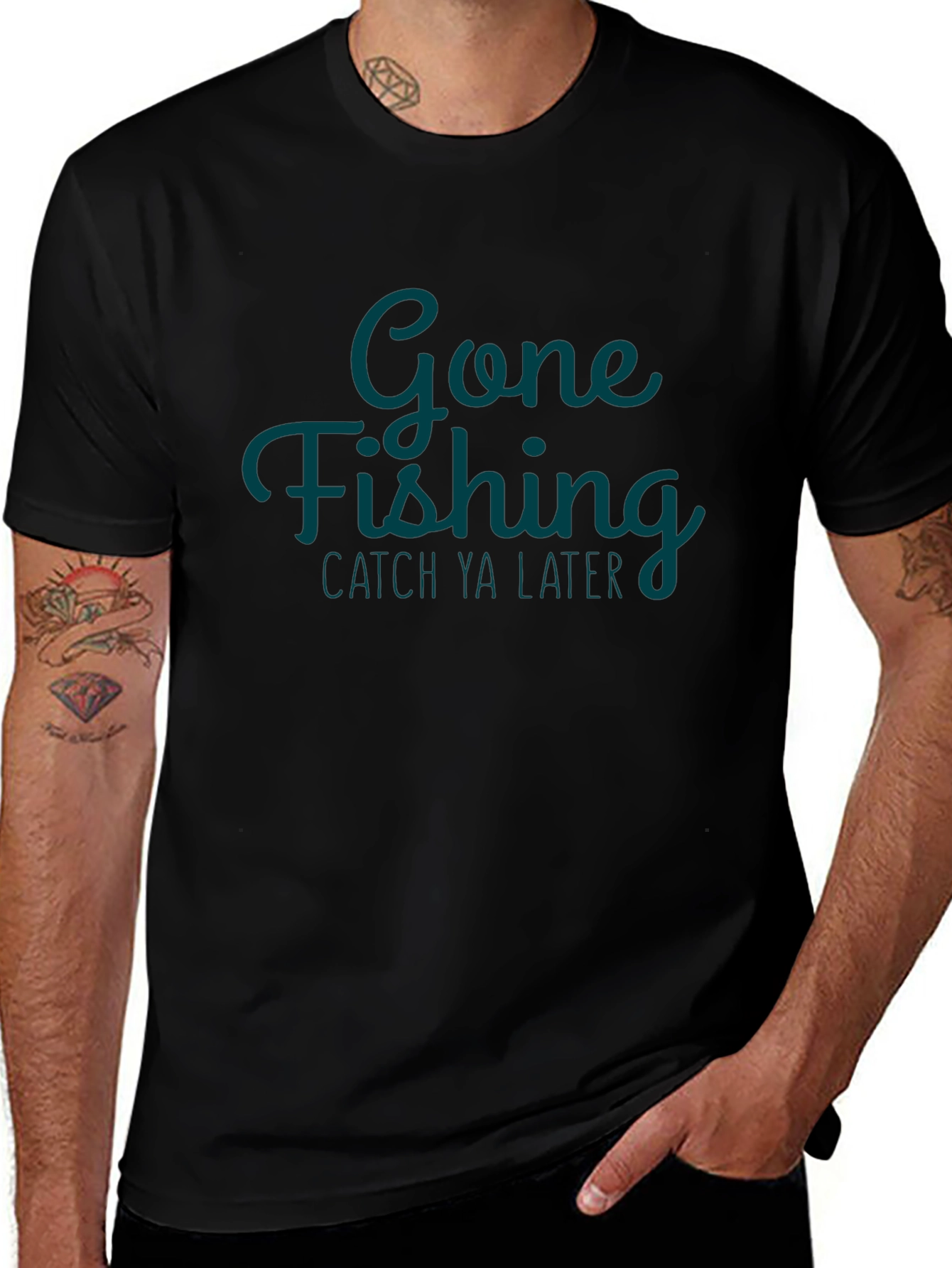 Gone Fishing Mens Black Graphic T-Shirt