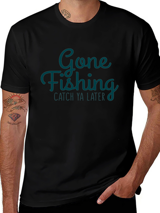 Gone Fishing Mens Black Graphic T-Shirt